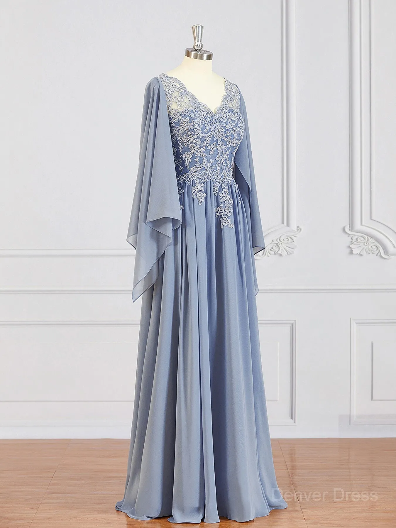 A-Line V-neck Floor-Length Chiffon Mother of the Bride Dresses With Appliques Lace