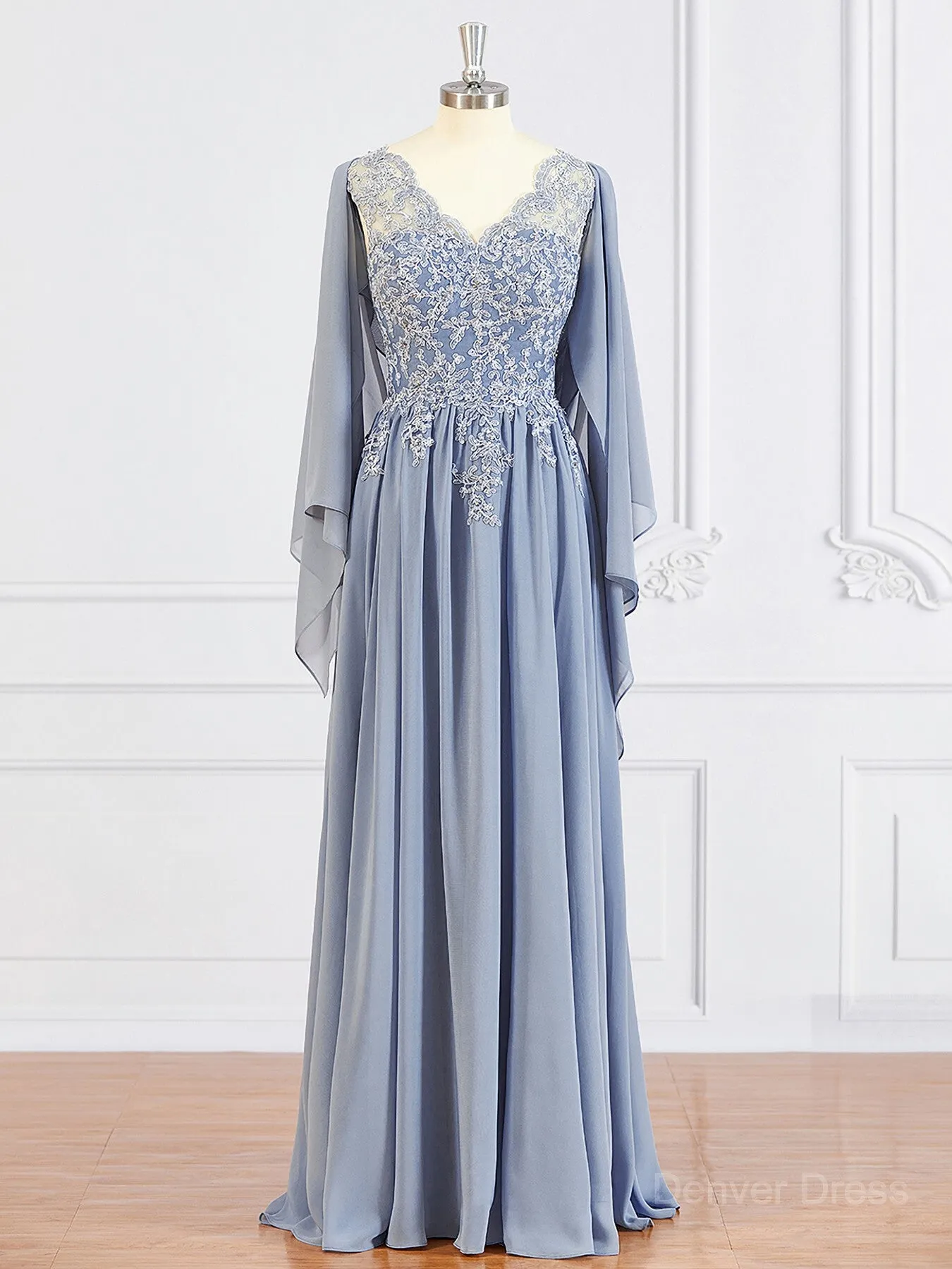 A-Line V-neck Floor-Length Chiffon Mother of the Bride Dresses With Appliques Lace