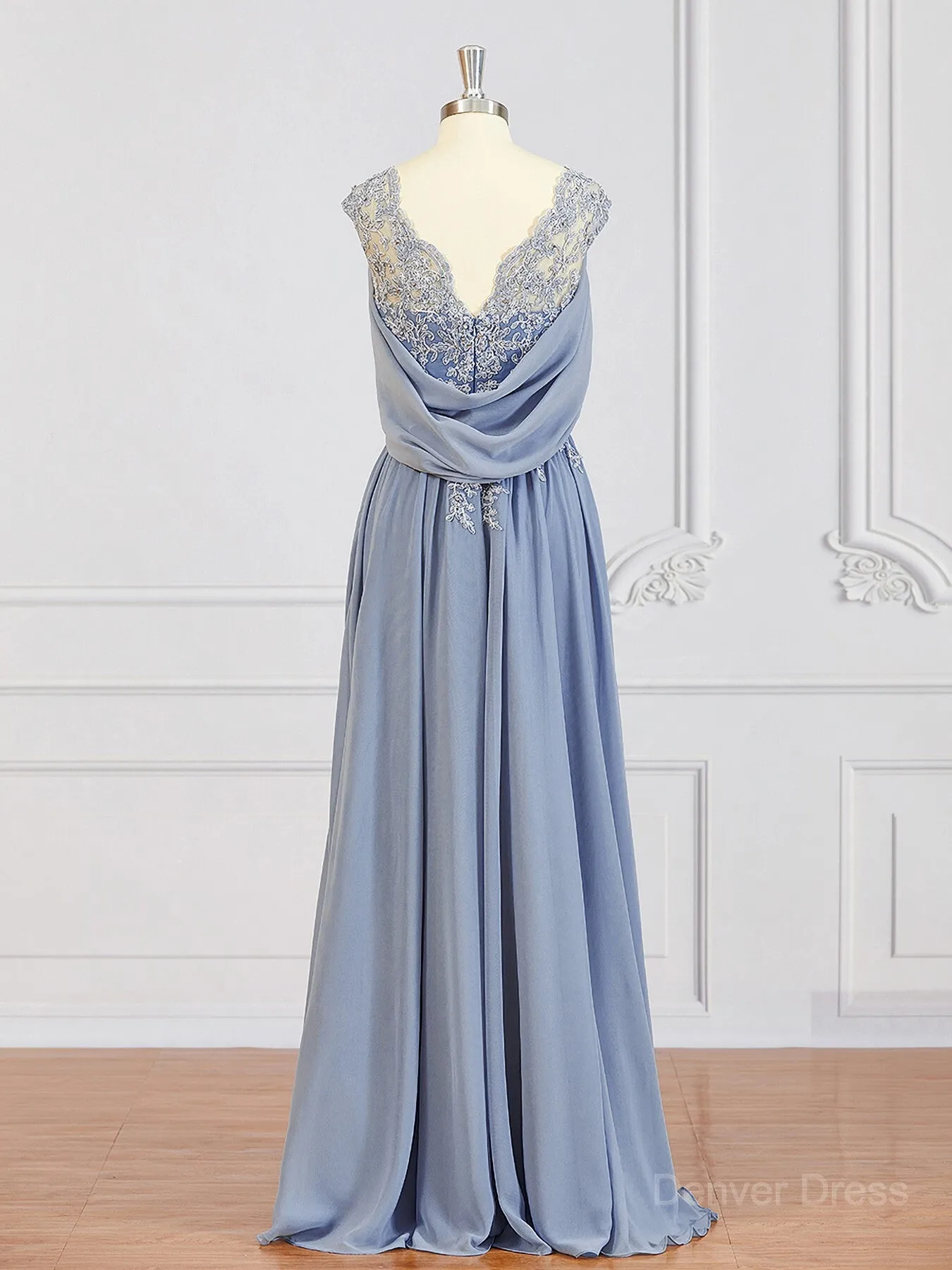 A-Line V-neck Floor-Length Chiffon Mother of the Bride Dresses With Appliques Lace