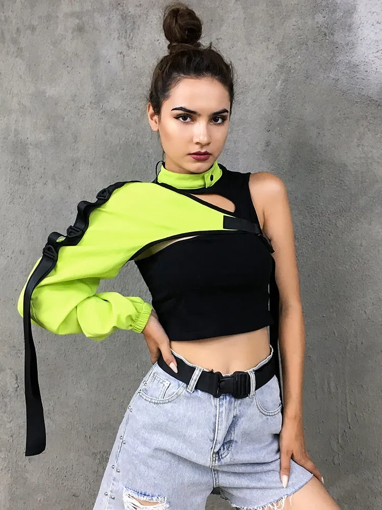 Amozae Neon Green One Shoulder Off Halter Top Harajuku Black Reflective Tshirt Women Hip Hop Street Wear Tee Shirt Femme