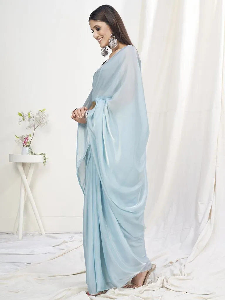 Baby Blue Pre-Stitched Blended Silk Saree