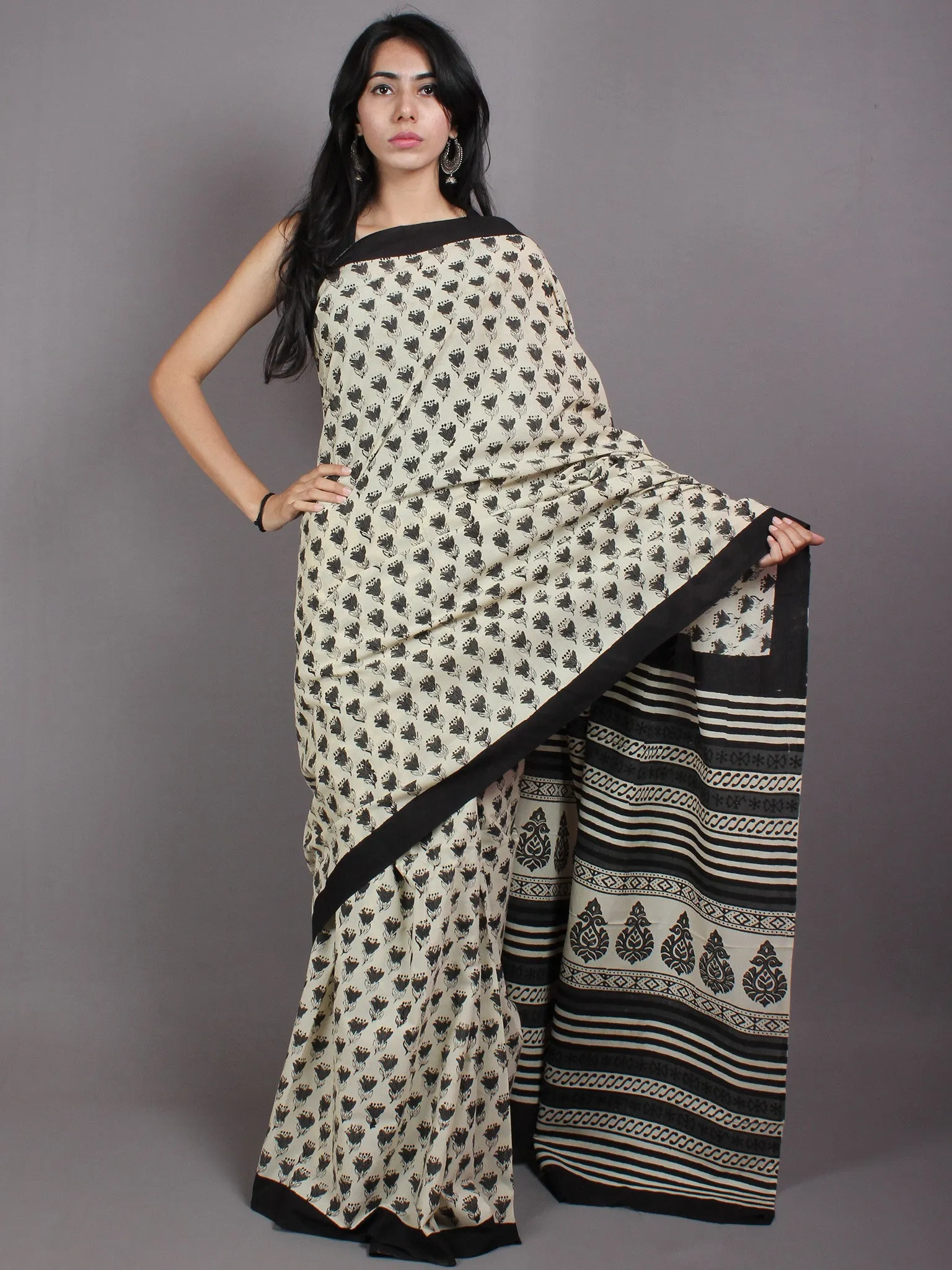 Beige Grey Black Hand Block Printed Cotton Saree in Natural Colors - S03170570