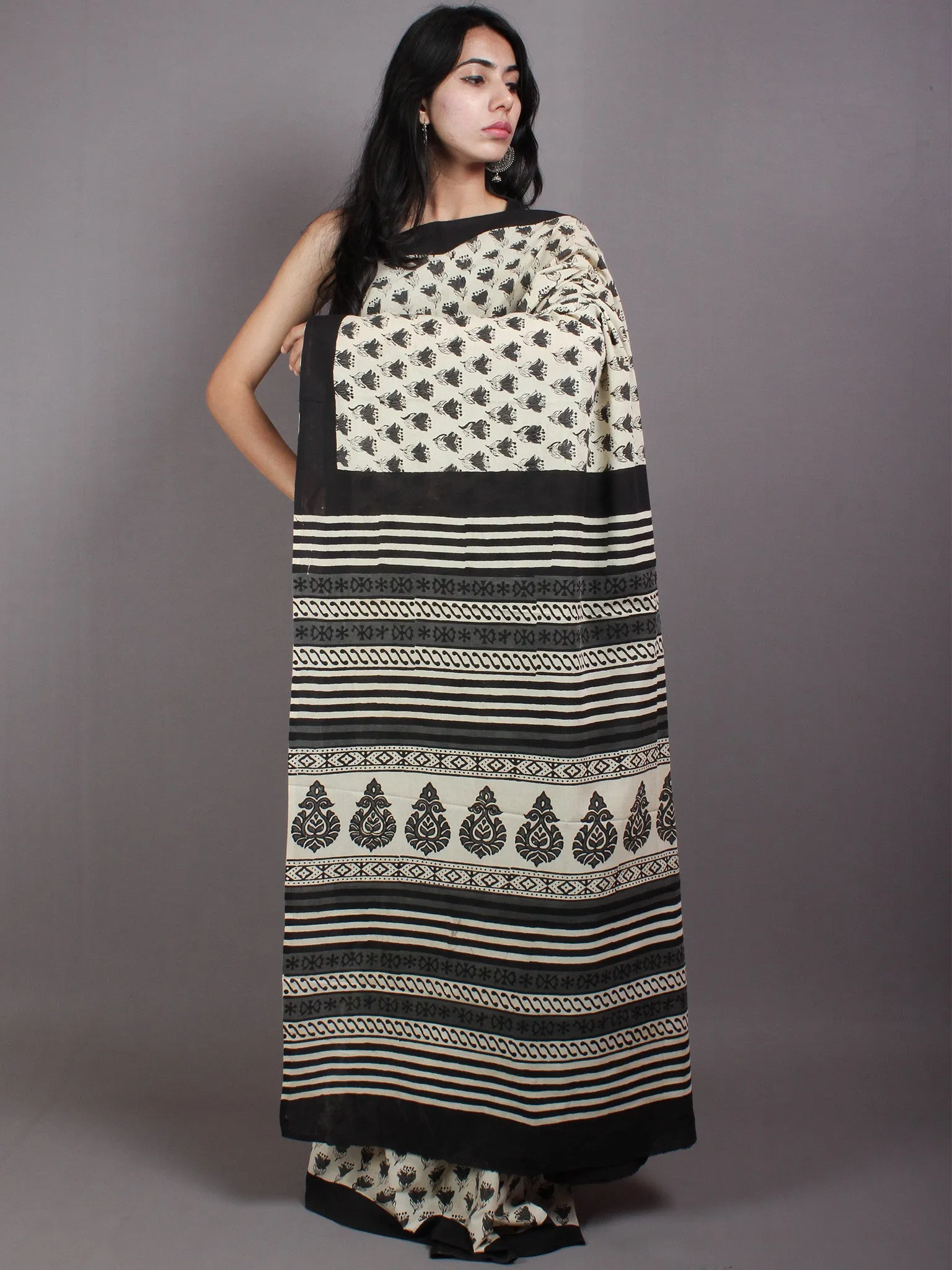 Beige Grey Black Hand Block Printed Cotton Saree in Natural Colors - S03170570