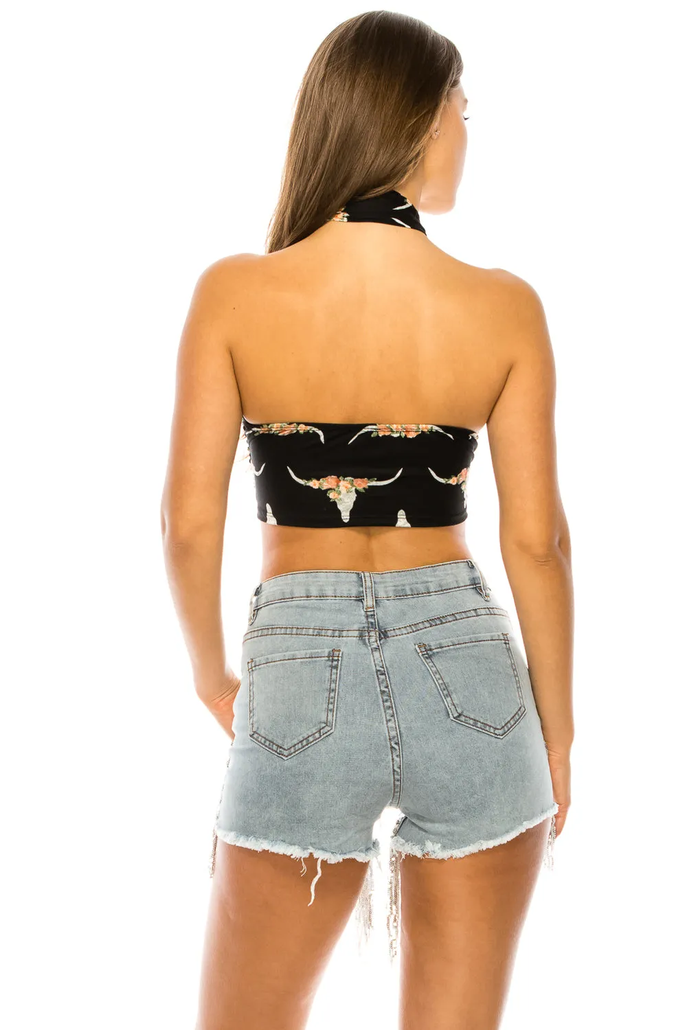 BLACK LONGHORN TIE FRONT TOP