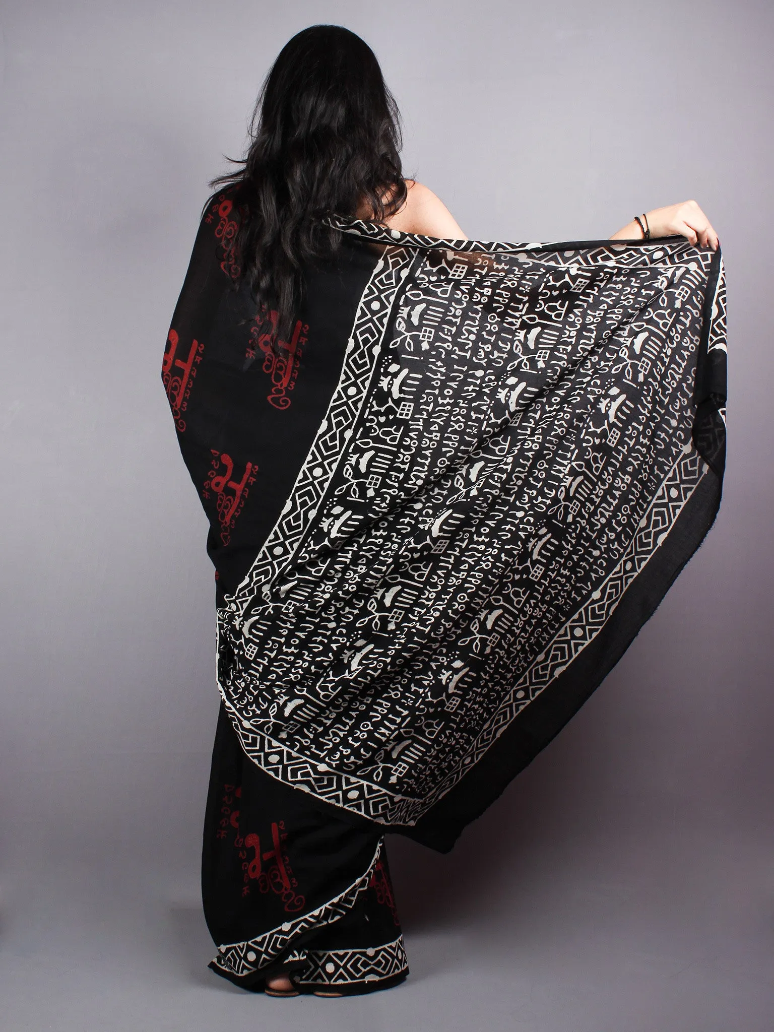 Black Red Cotton Hand Block Printed Saree - S0317051