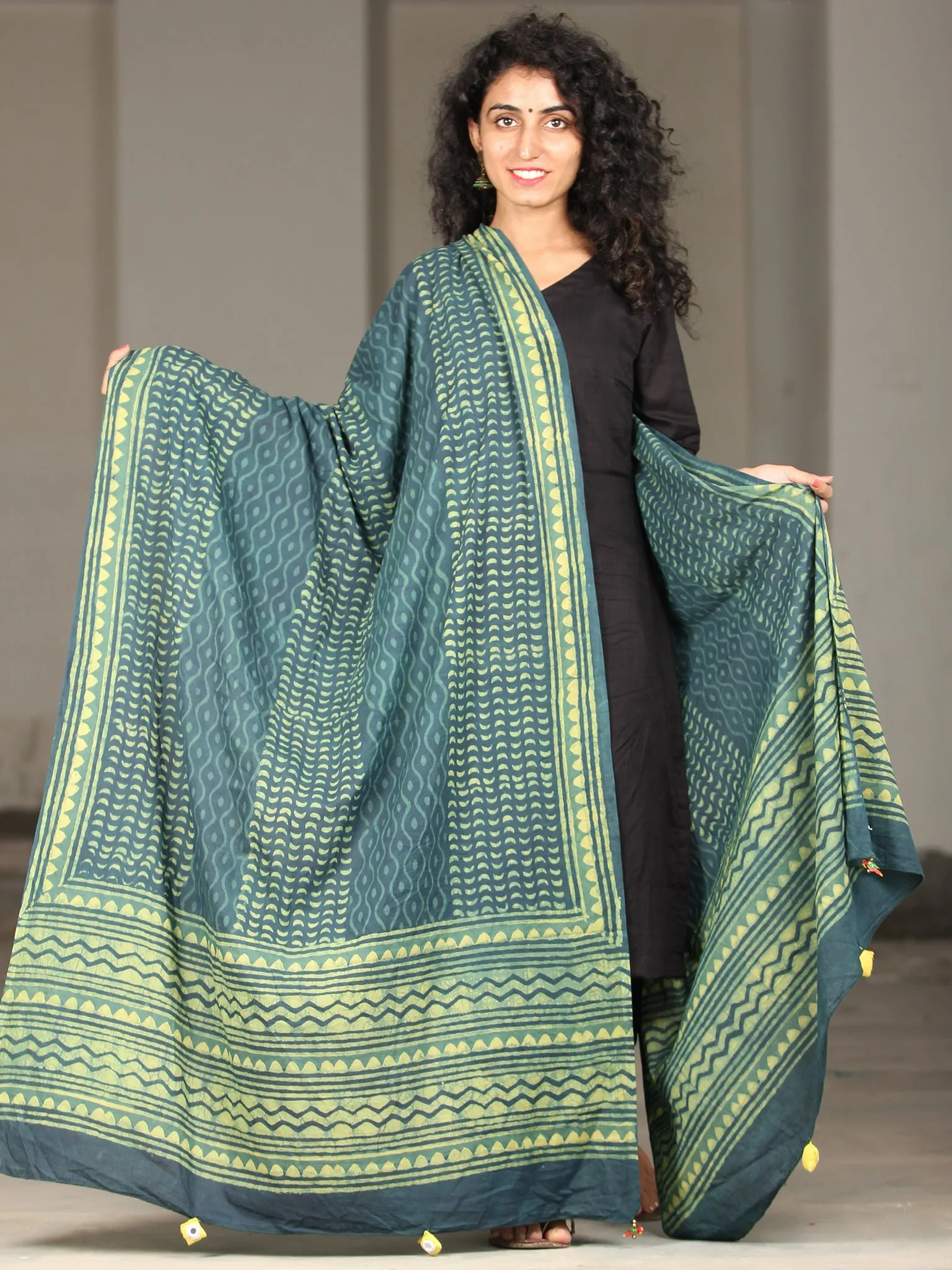 Deep Indigo Green Cotton Hand Block Printed Dupatta With Handmade Potli Tassels - D04170397