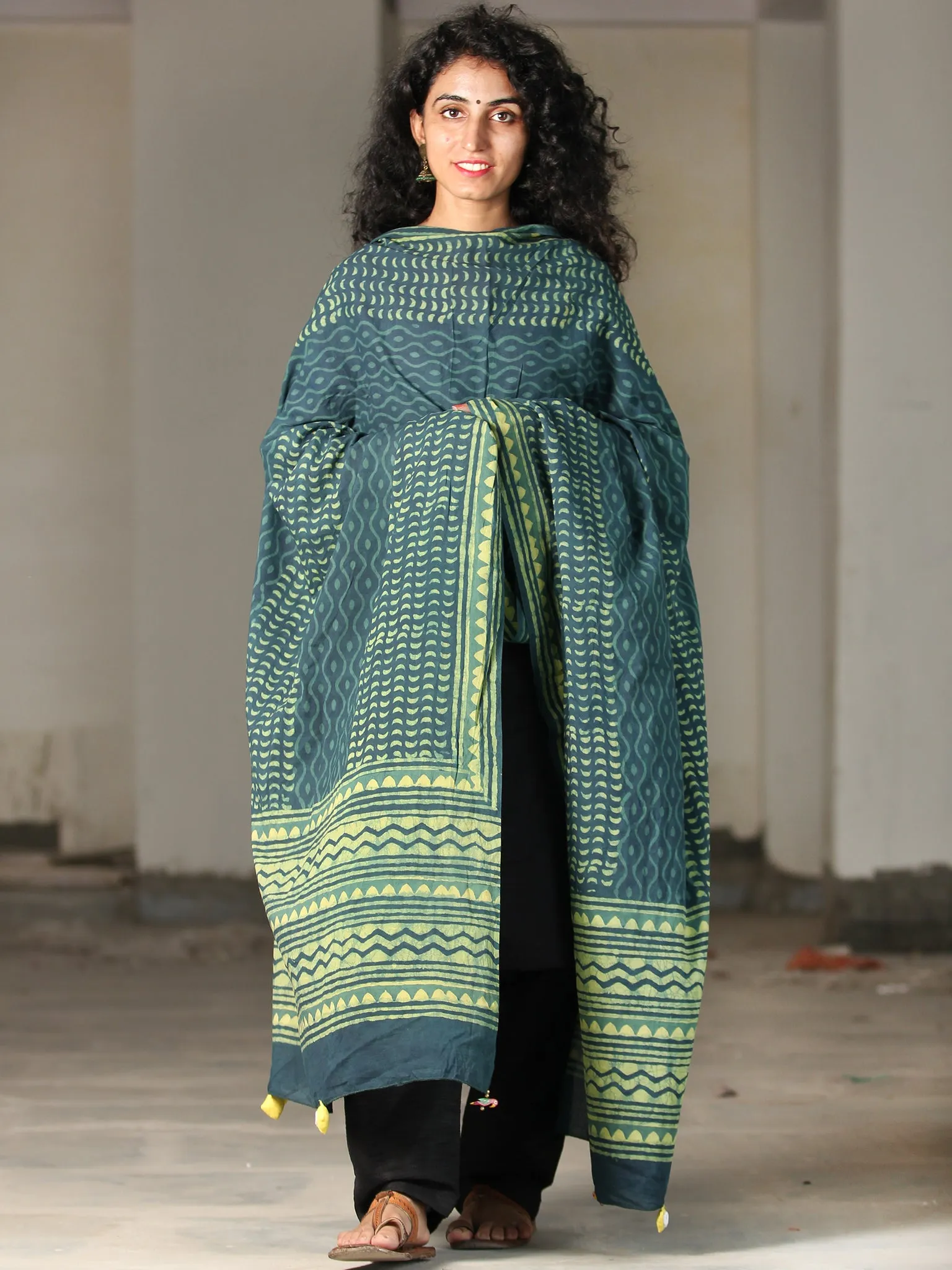 Deep Indigo Green Cotton Hand Block Printed Dupatta With Handmade Potli Tassels - D04170397