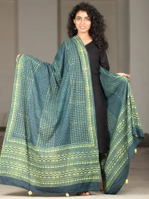 Deep Indigo Green Cotton Hand Block Printed Dupatta With Handmade Potli Tassels - D04170397
