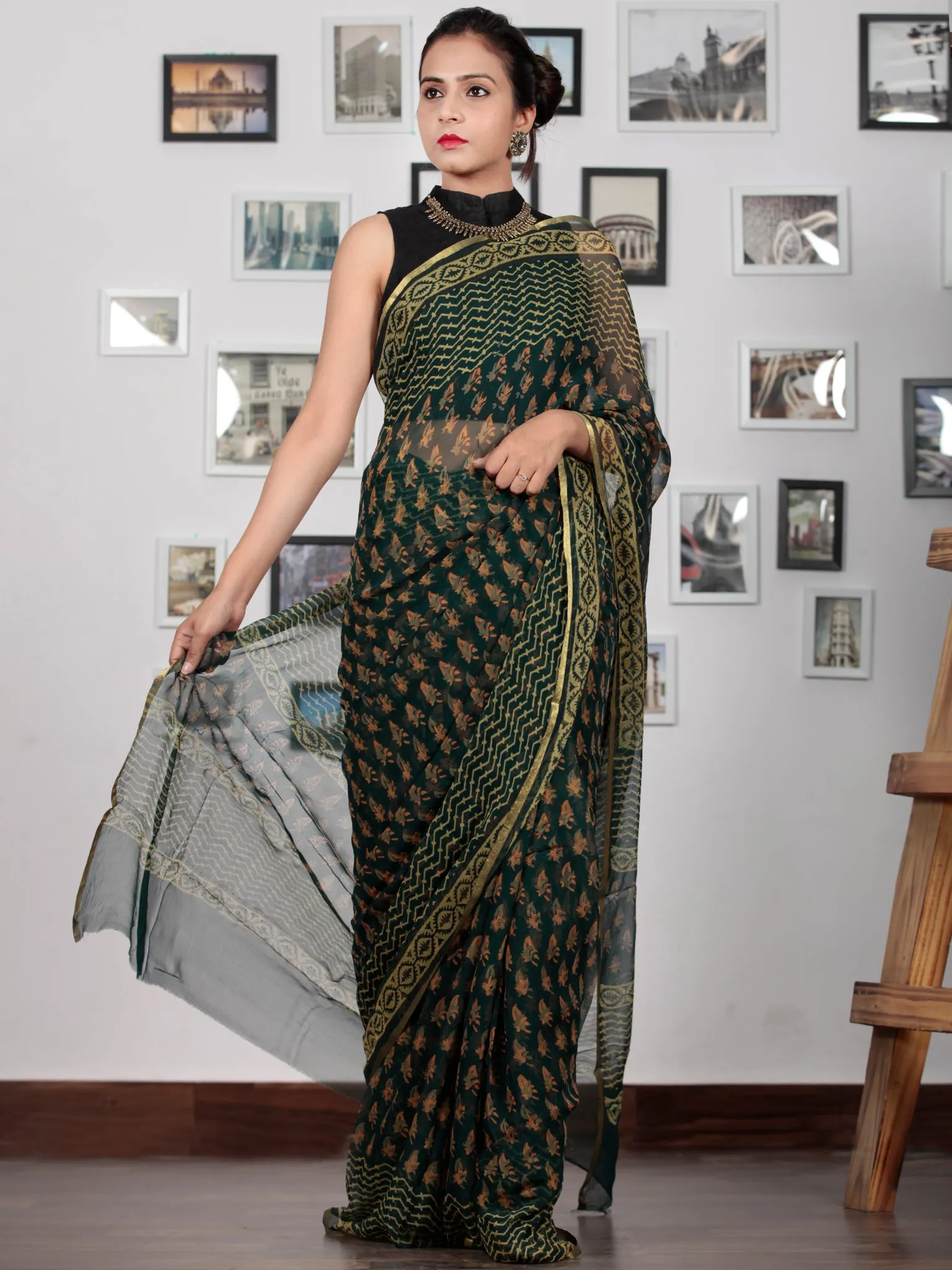 Green Yellow Coral Hand Block Printed Chiffon Saree with Zari Border - S031702771