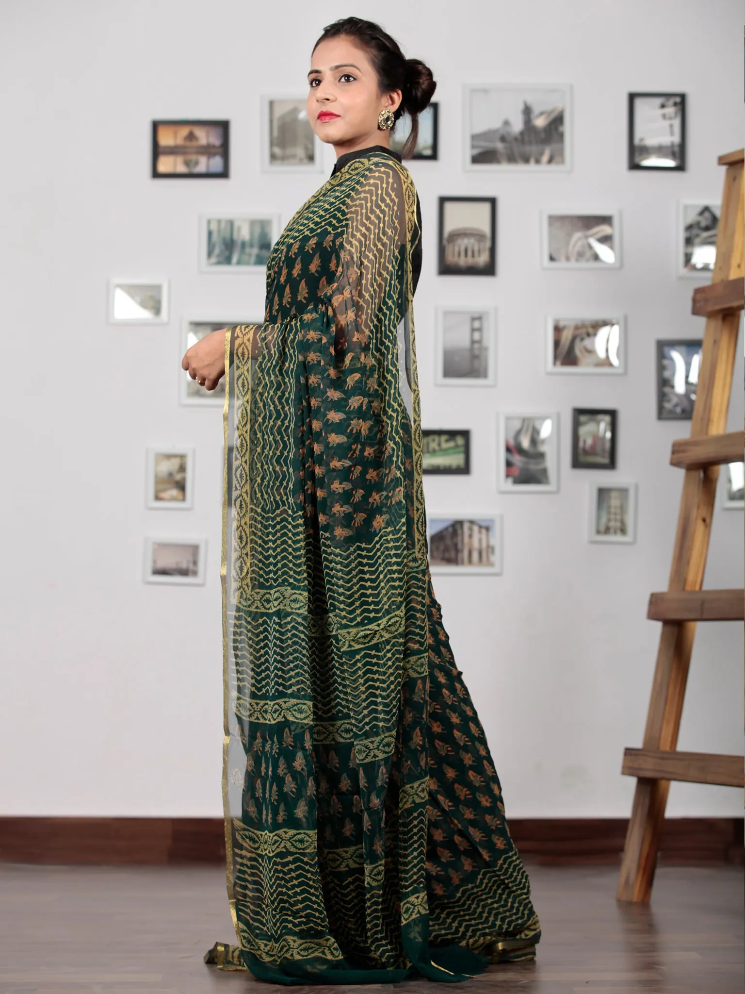 Green Yellow Coral Hand Block Printed Chiffon Saree with Zari Border - S031702771