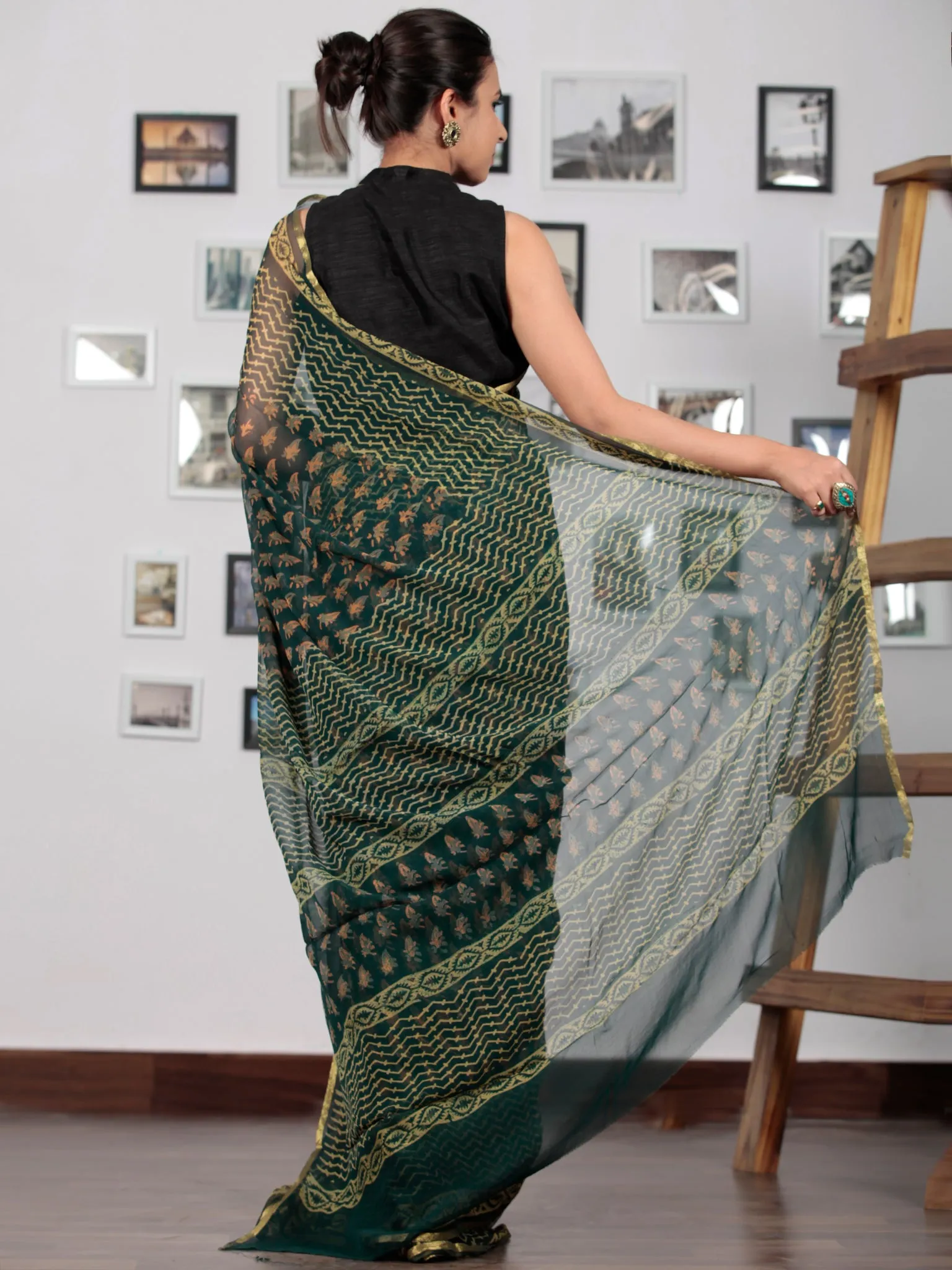 Green Yellow Coral Hand Block Printed Chiffon Saree with Zari Border - S031702771
