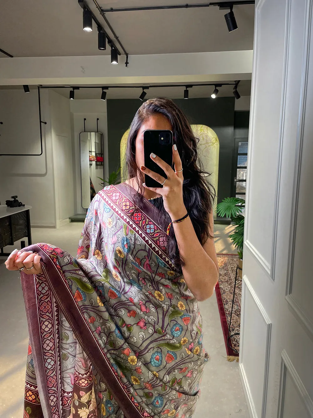 Grey Color Floral & Foil Work Gaji Silk Saree
