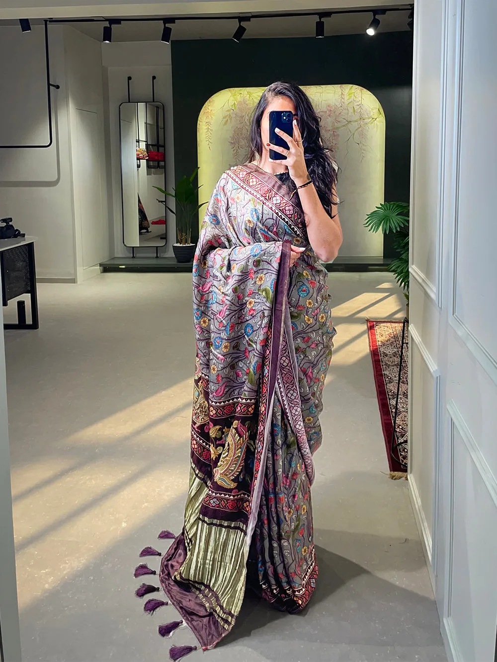 Grey Color Floral & Foil Work Gaji Silk Saree