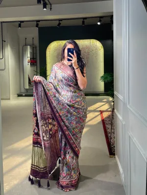 Grey Color Floral & Foil Work Gaji Silk Saree