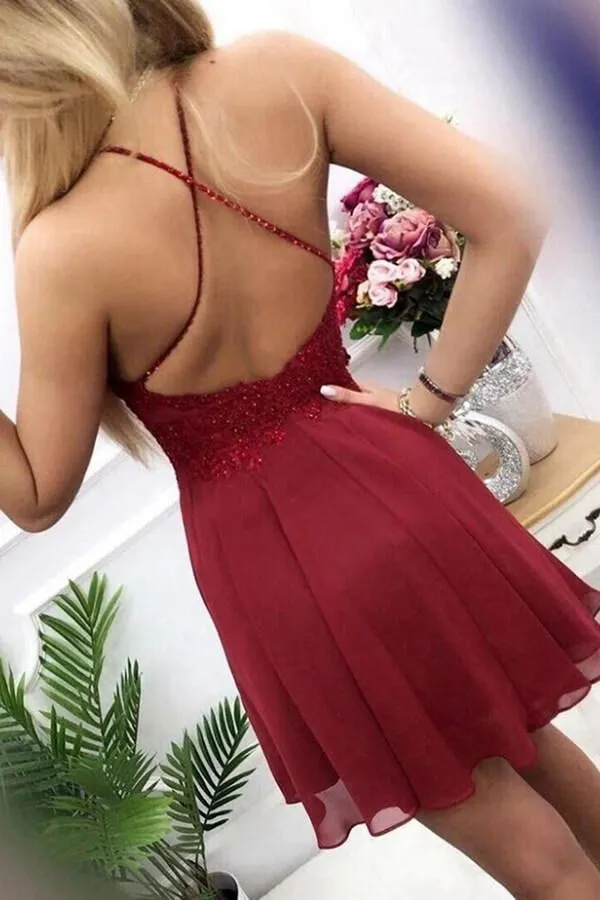 Halter Burgundy Chiffon Short Homecoming Dress With Beading