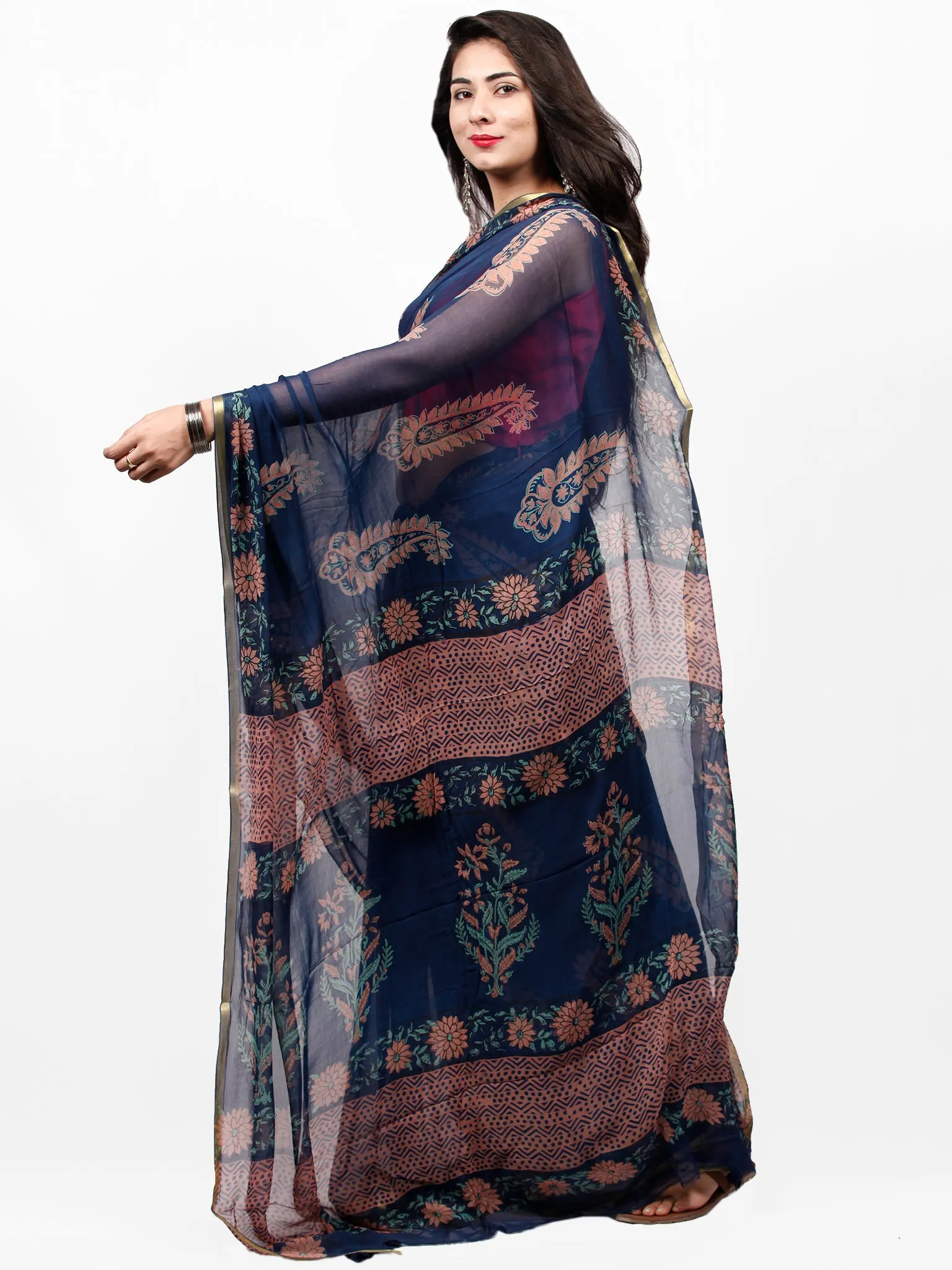 Indigo Coral Green Hand Block Printed Chiffon Saree with Zari Border - S031703259