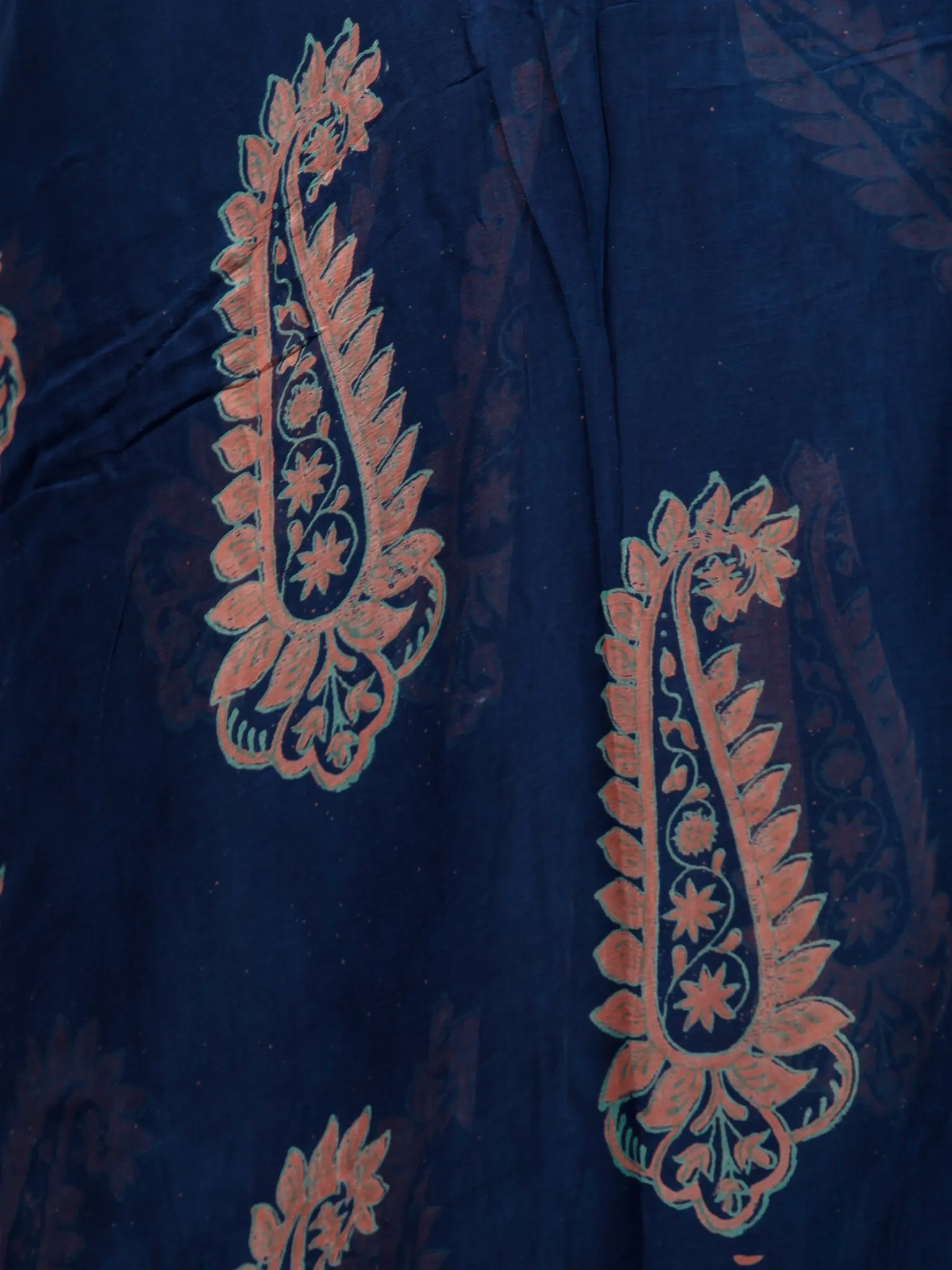 Indigo Coral Green Hand Block Printed Chiffon Saree with Zari Border - S031703259