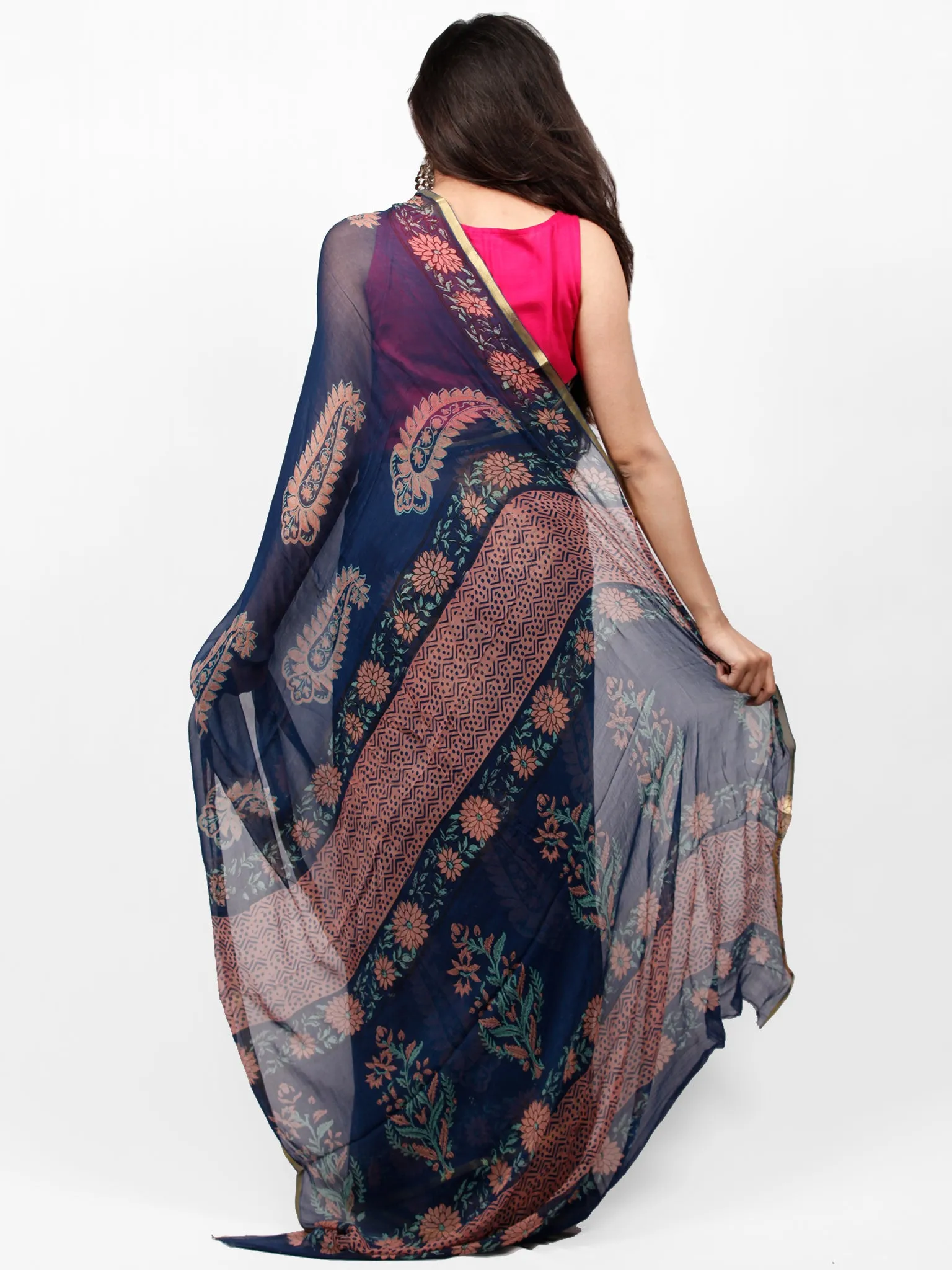 Indigo Coral Green Hand Block Printed Chiffon Saree with Zari Border - S031703259