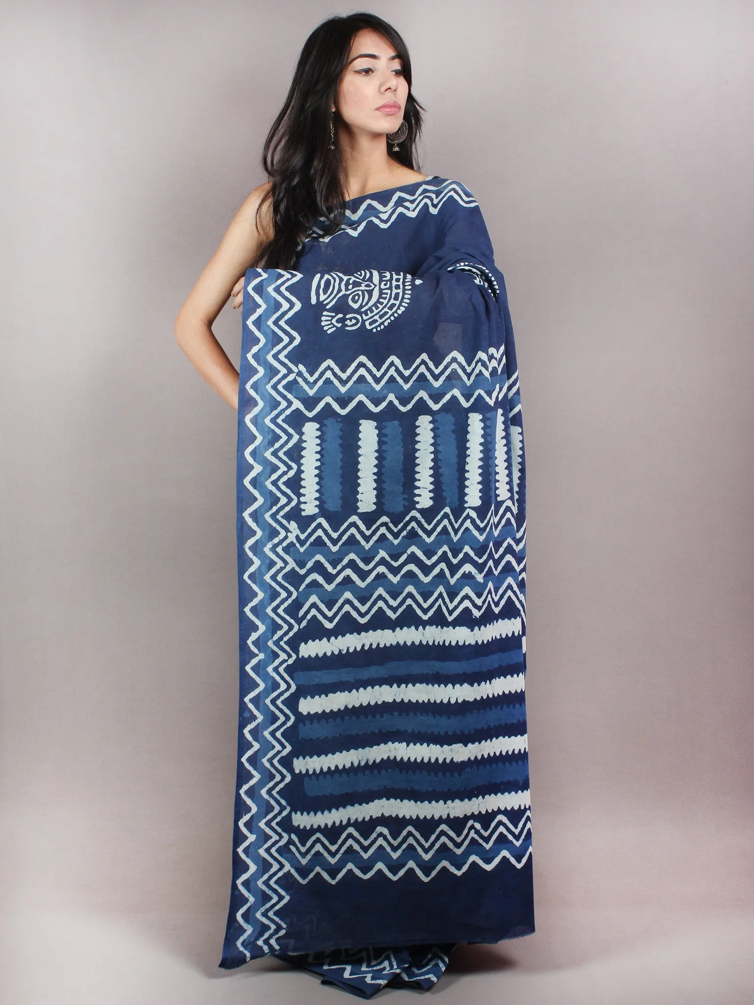 Indigo Ivory Cotton Hand Block Printed Saree - S03170695
