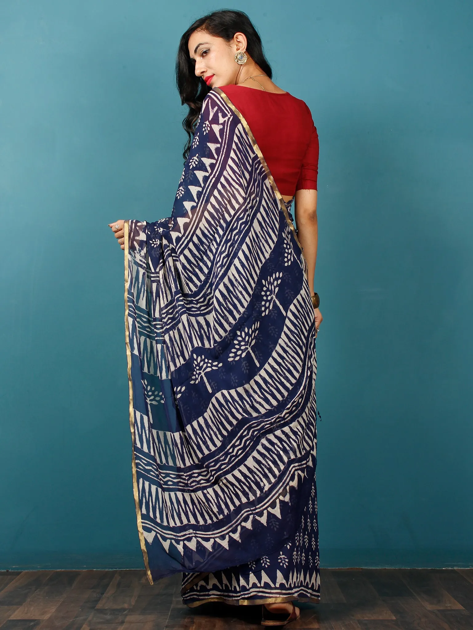 Indigo Ivory Hand Block Printed Chiffon Saree with Zari Border - S031702784