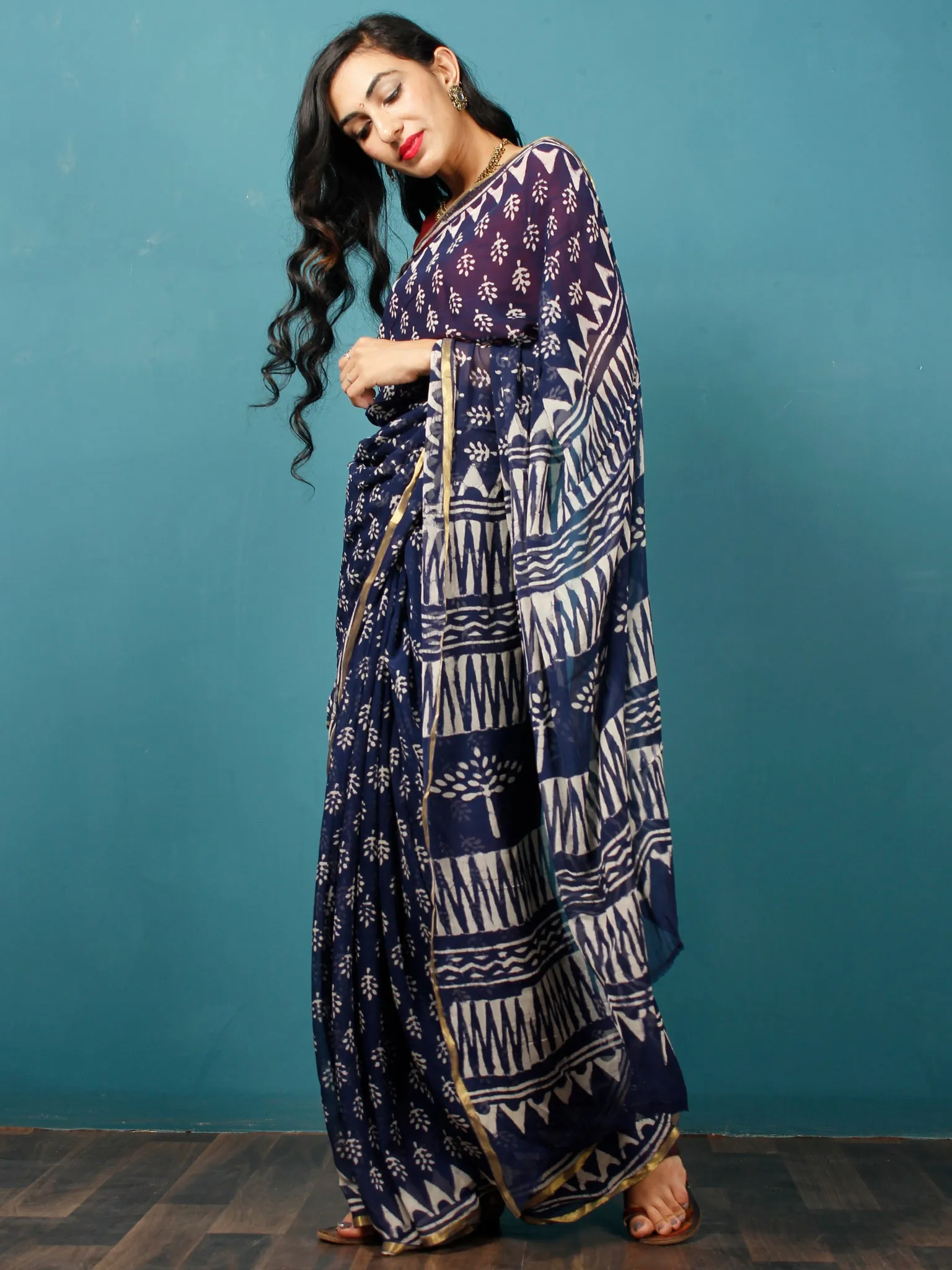 Indigo Ivory Hand Block Printed Chiffon Saree with Zari Border - S031702784
