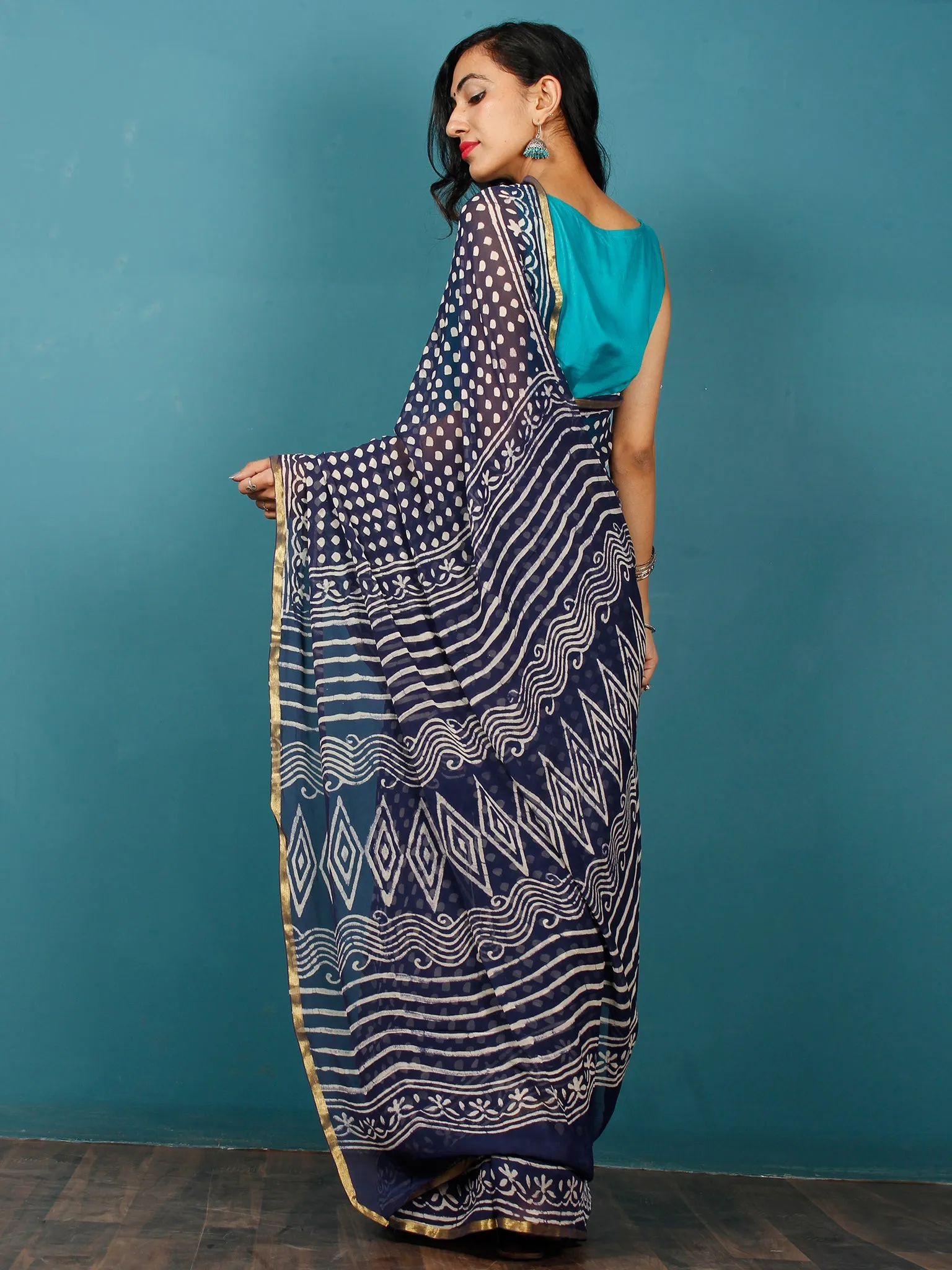 Indigo Ivory Hand Block Printed Chiffon Saree with Zari Border - S031702819