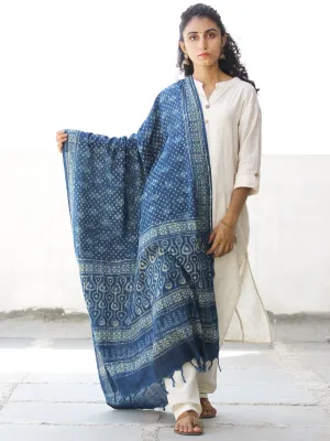 Indigo Ivory Handloom Cotton Hand Block Printed Dupatta - D04170554