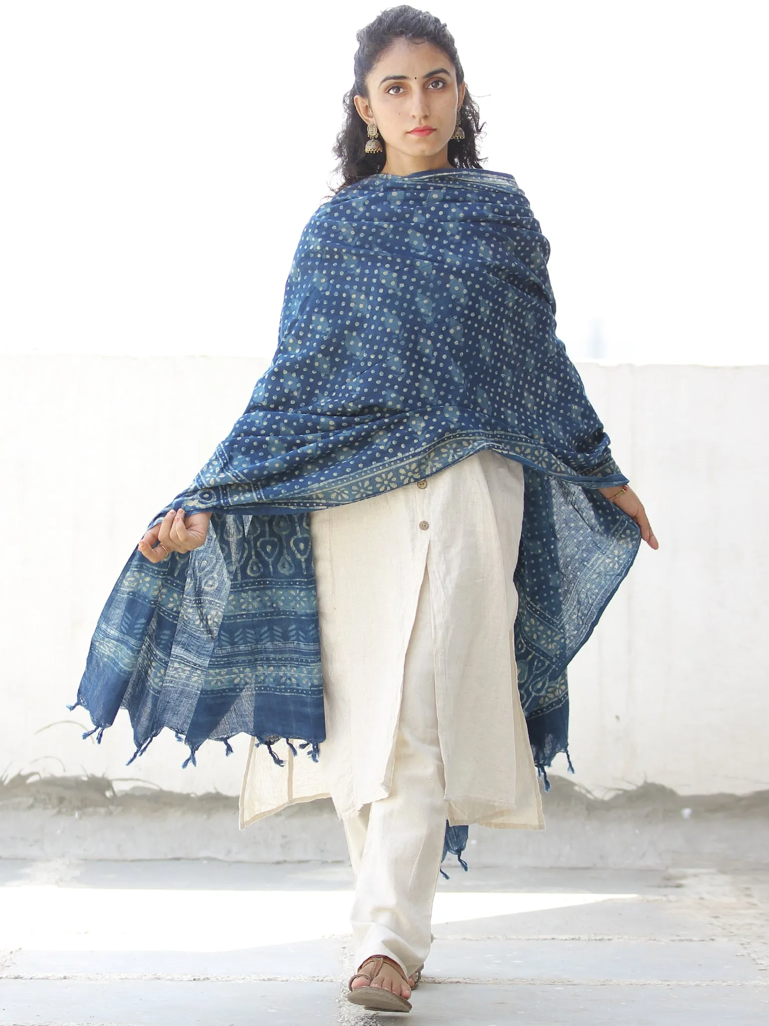 Indigo Ivory Handloom Cotton Hand Block Printed Dupatta - D04170554