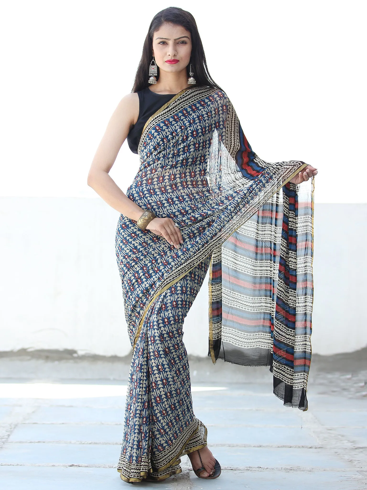 Indigo Ivory Red Hand Block Printed Chiffon Saree with Zari Border - S031703918