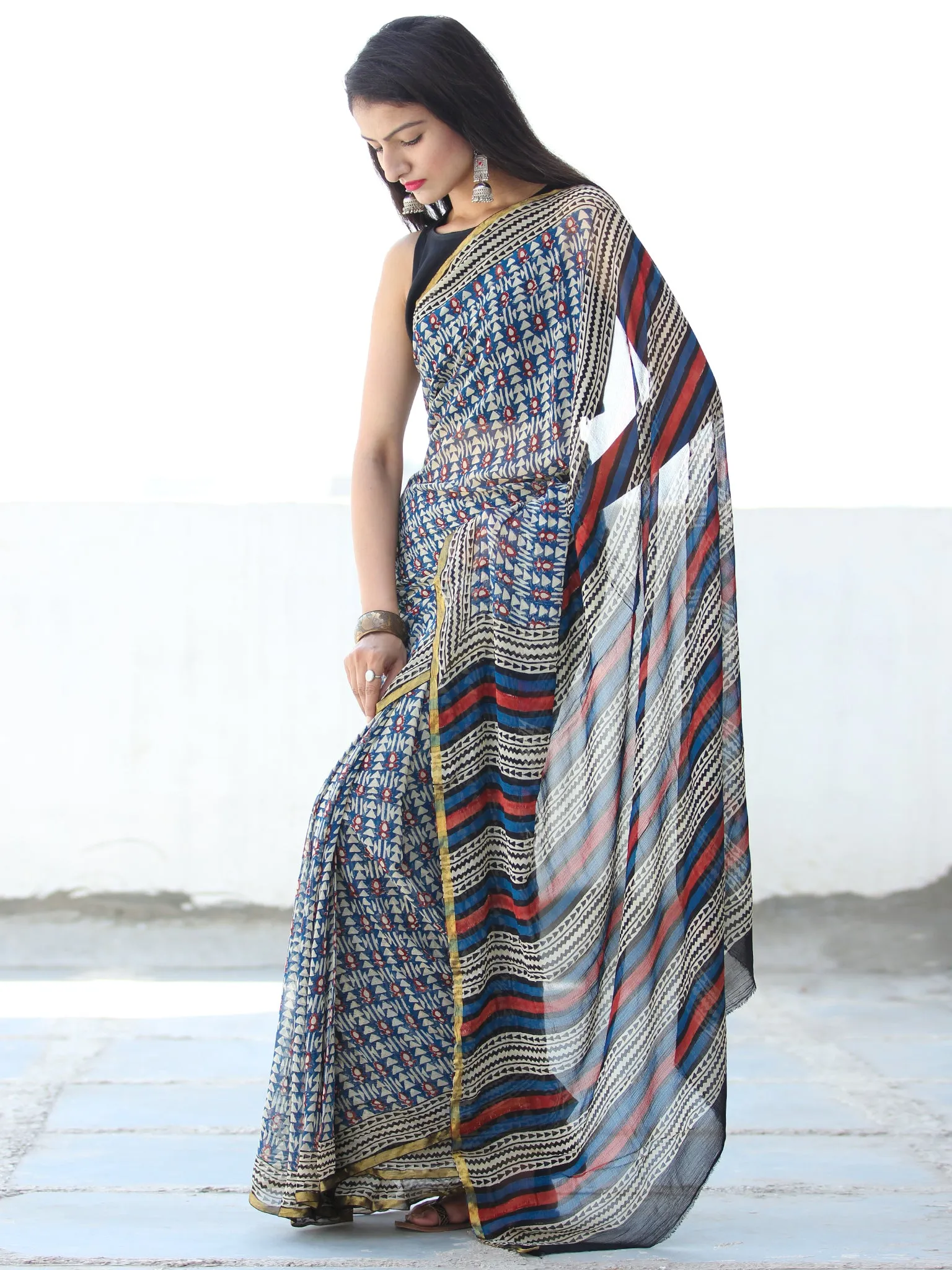 Indigo Ivory Red Hand Block Printed Chiffon Saree with Zari Border - S031703918