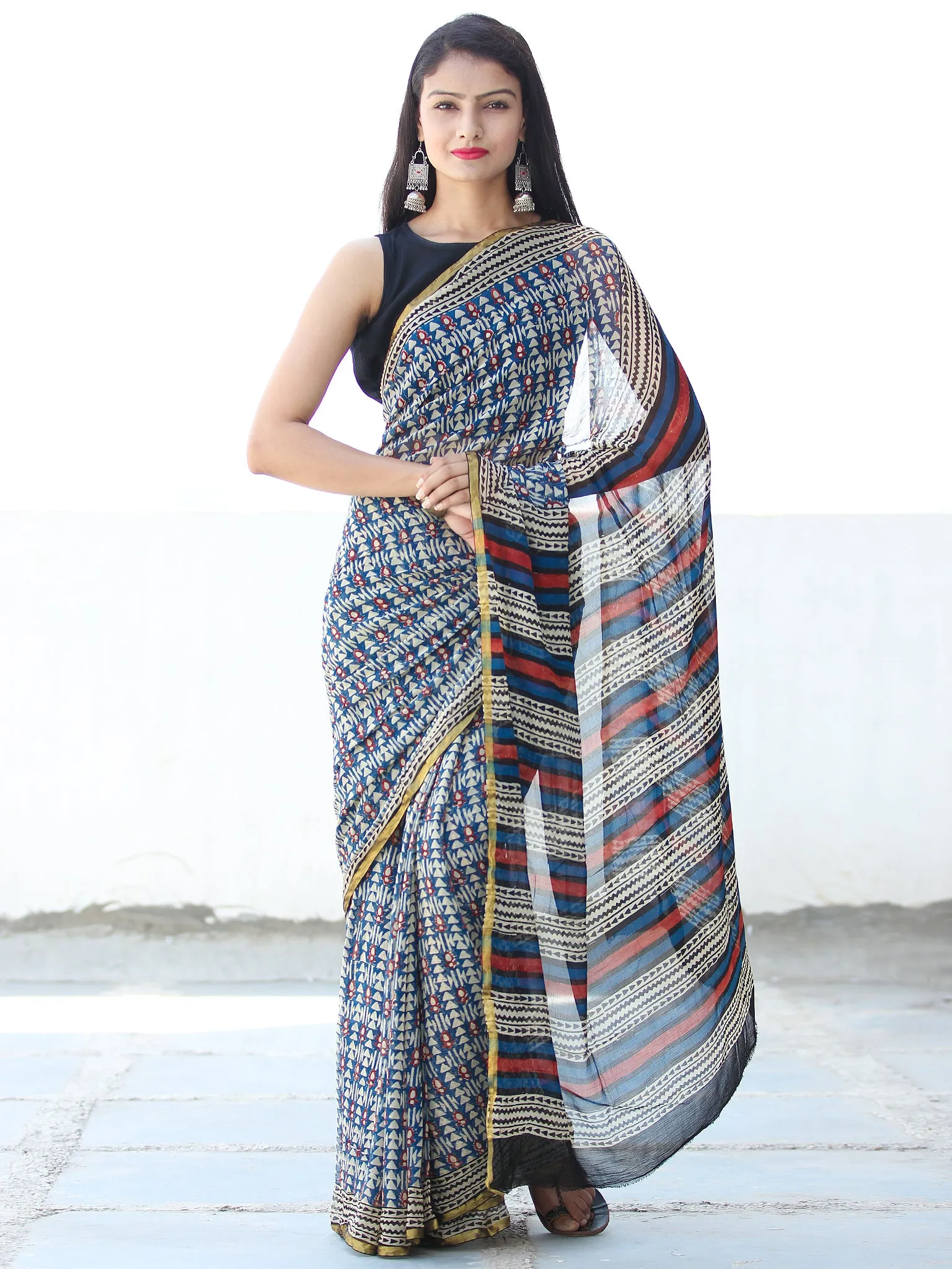 Indigo Ivory Red Hand Block Printed Chiffon Saree with Zari Border - S031703918