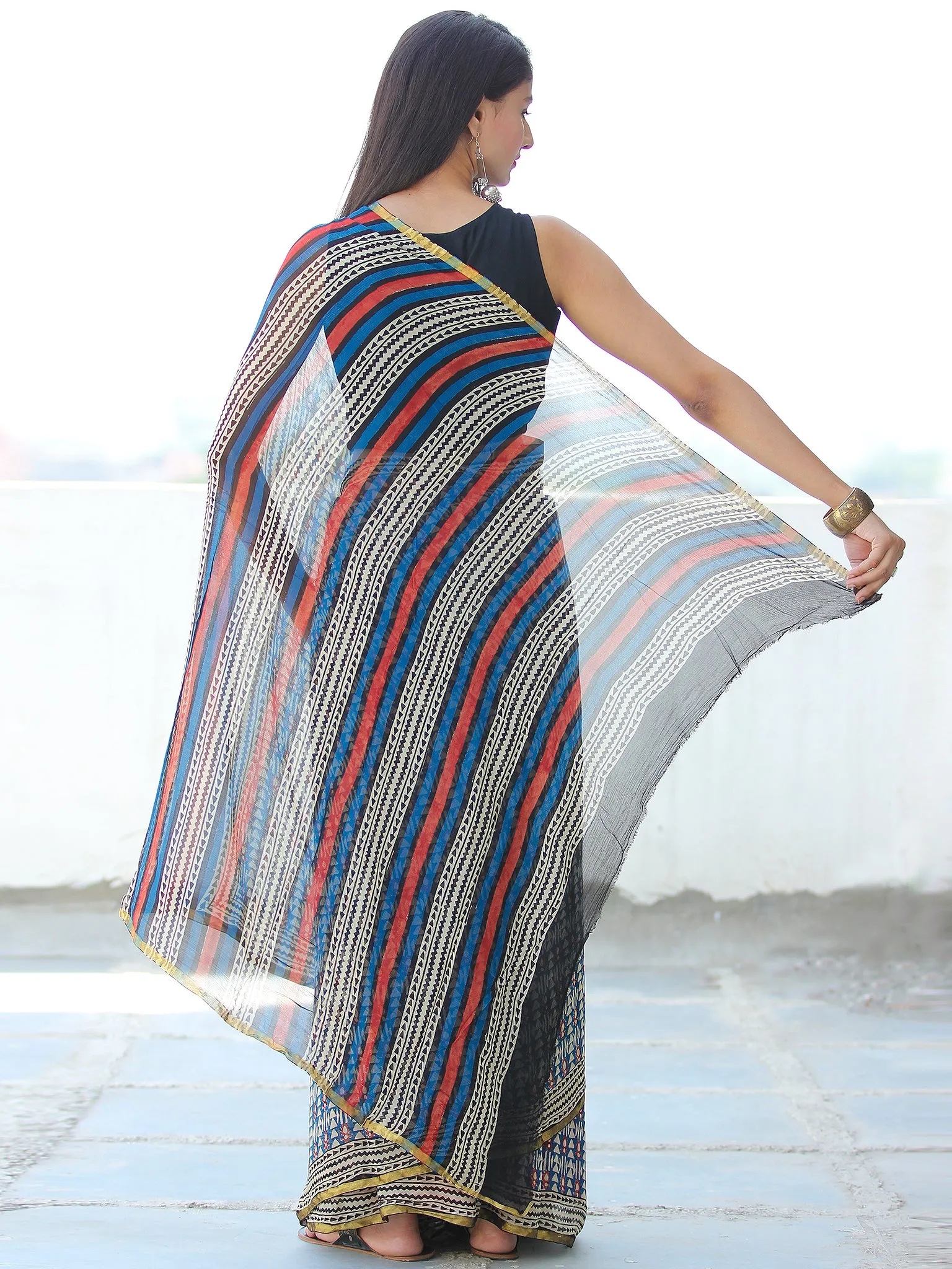Indigo Ivory Red Hand Block Printed Chiffon Saree with Zari Border - S031703918