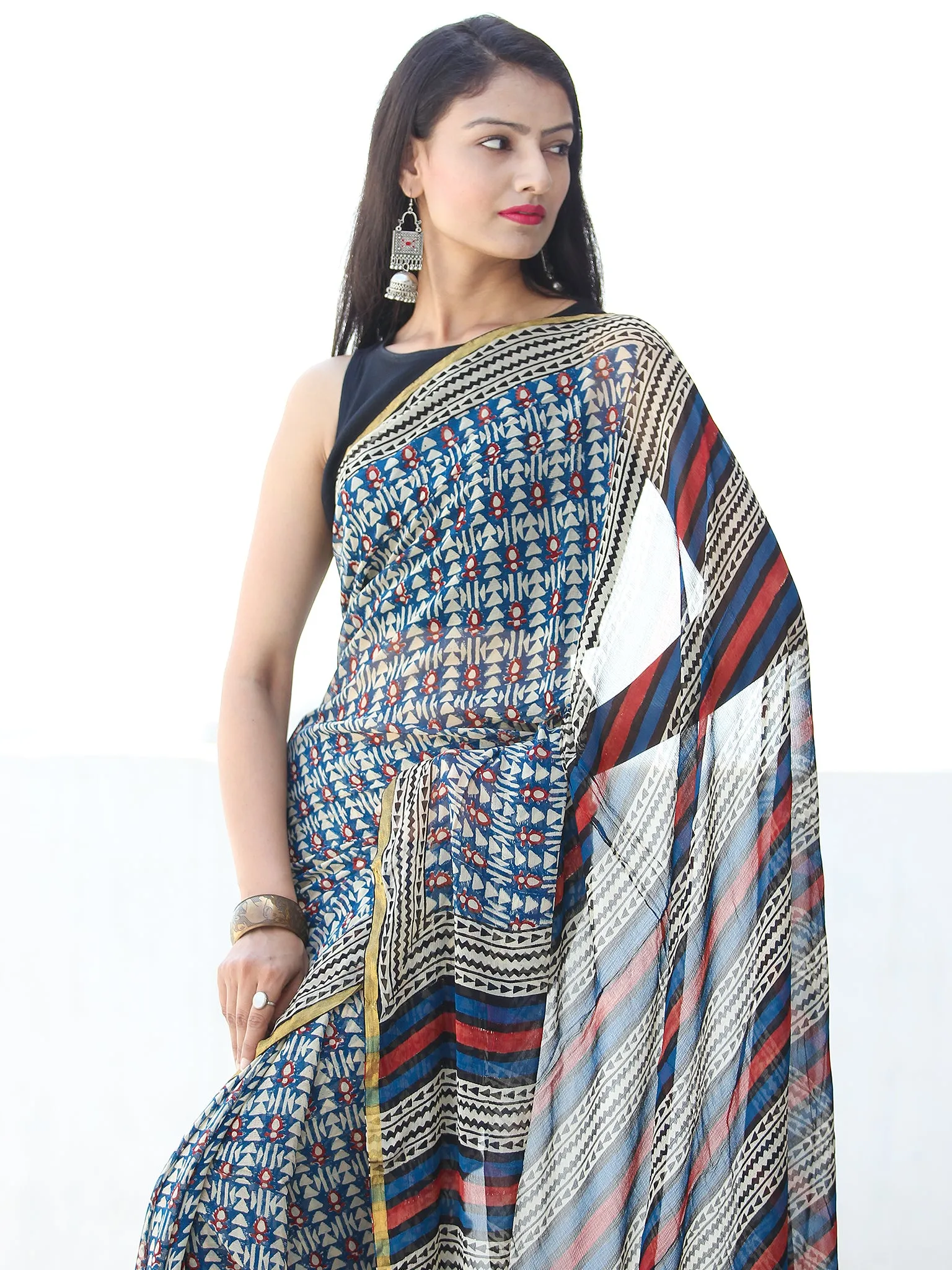 Indigo Ivory Red Hand Block Printed Chiffon Saree with Zari Border - S031703918