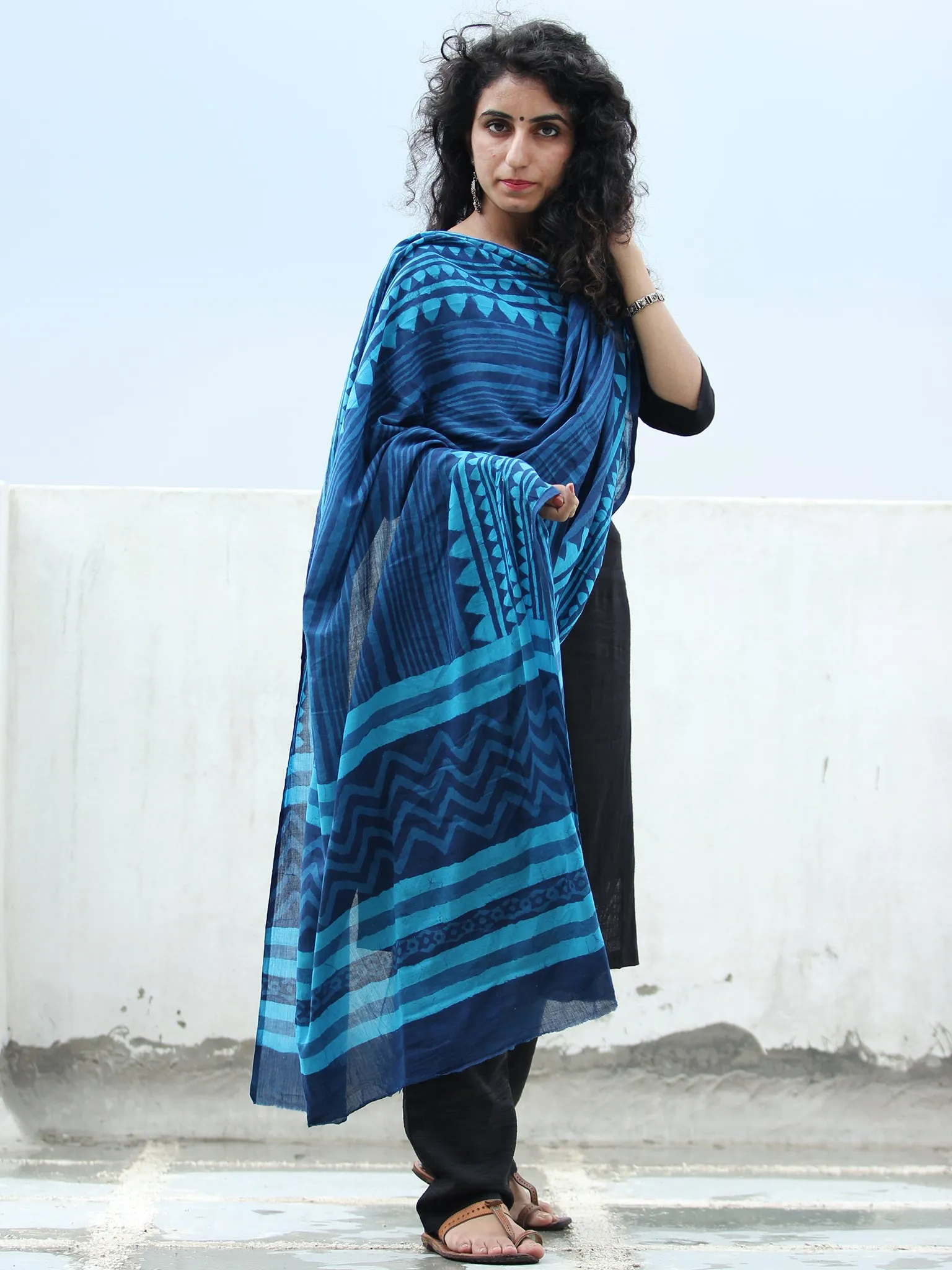 Indigo Sky Blue Cotton Hand Block Printed Dupatta   - D04170410
