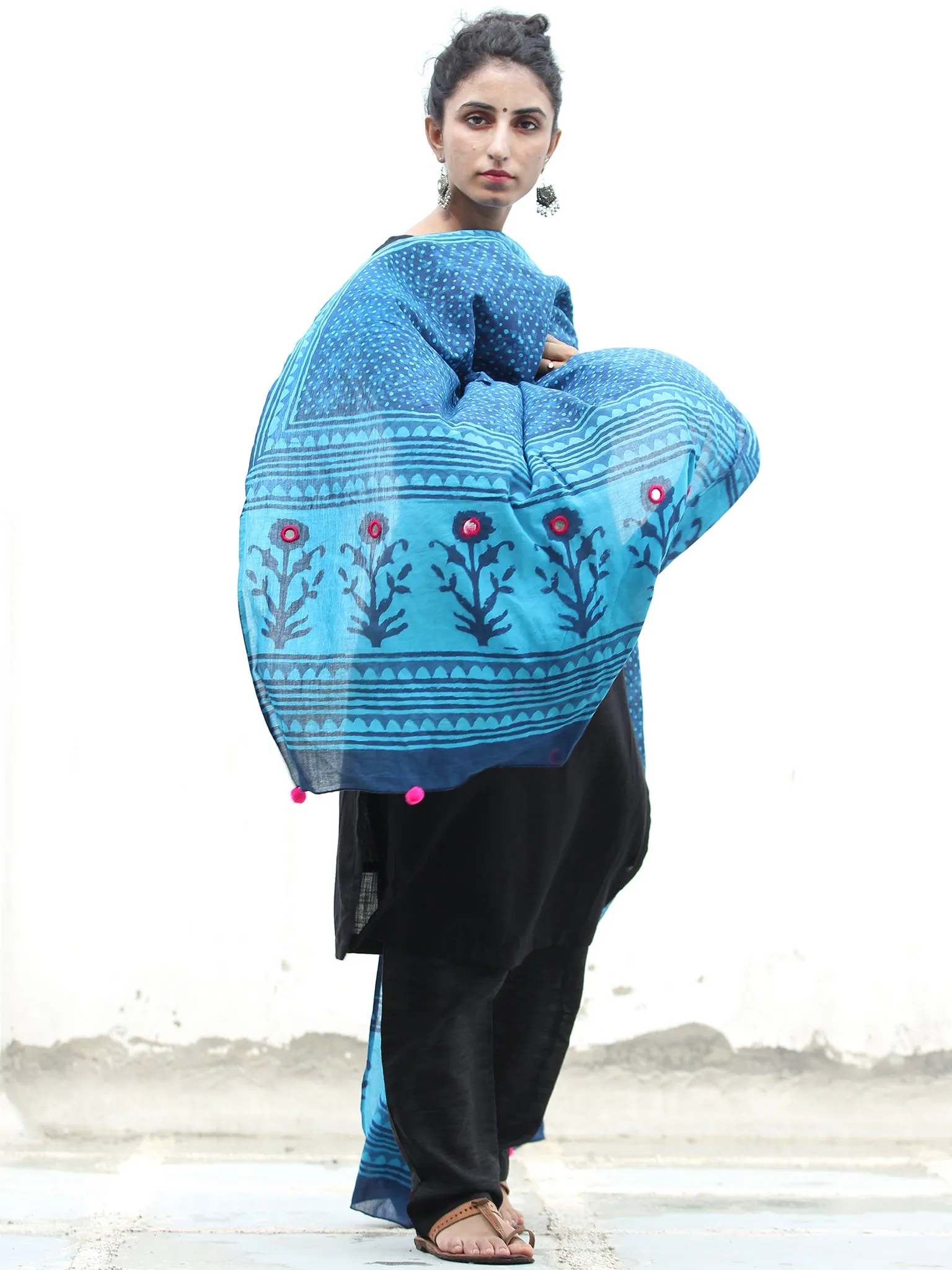 Indigo Sky Blue Cotton Hand Block Printed Dupatta With Mirror Work - D04170417