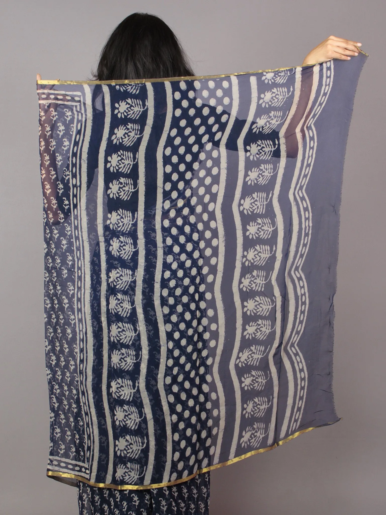 Indigo White Hand Block Printed Chiffon Saree - S031701703