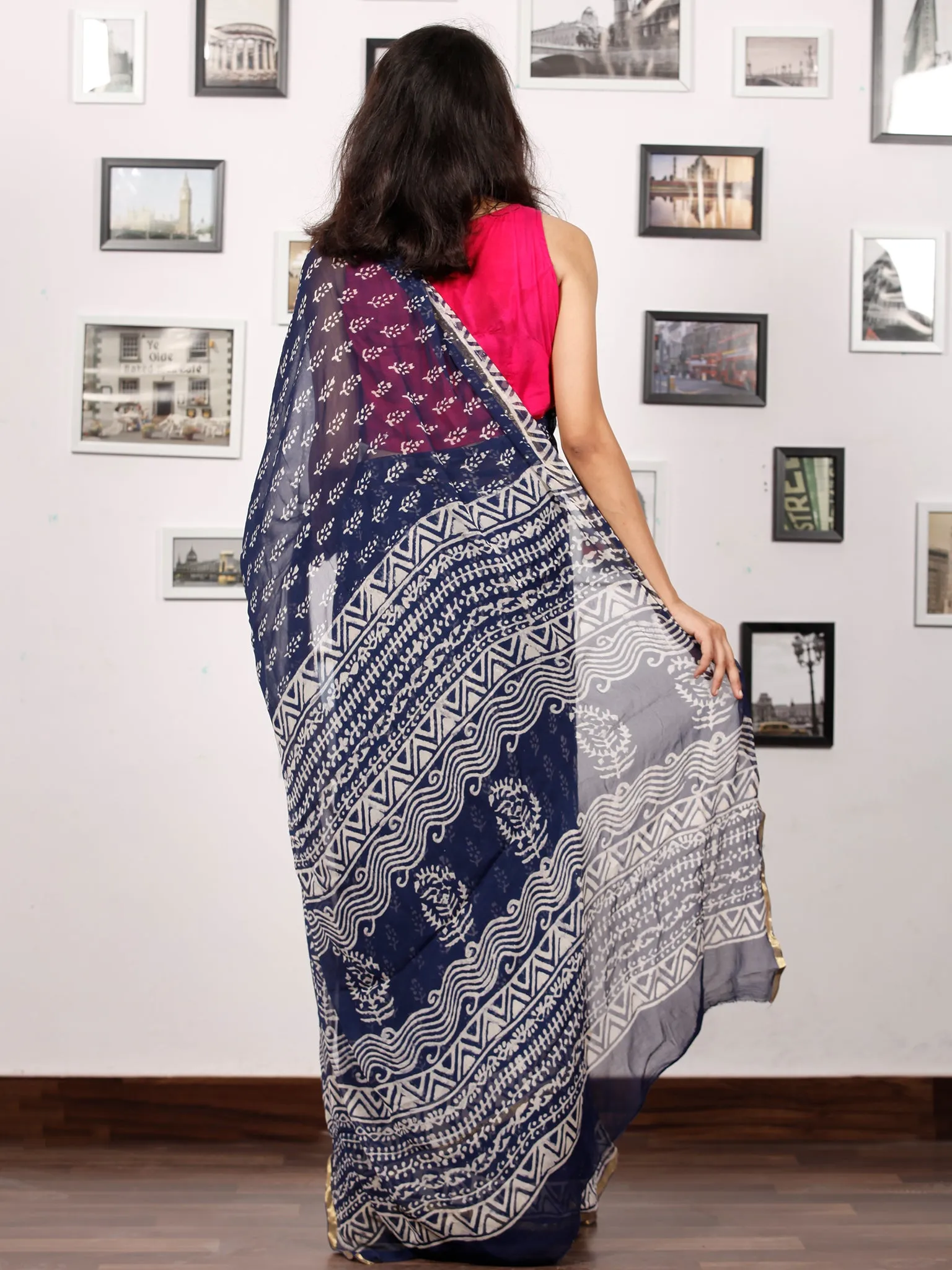 Indigo White Hand Block Printed Chiffon Saree with Zari Border - S031703158