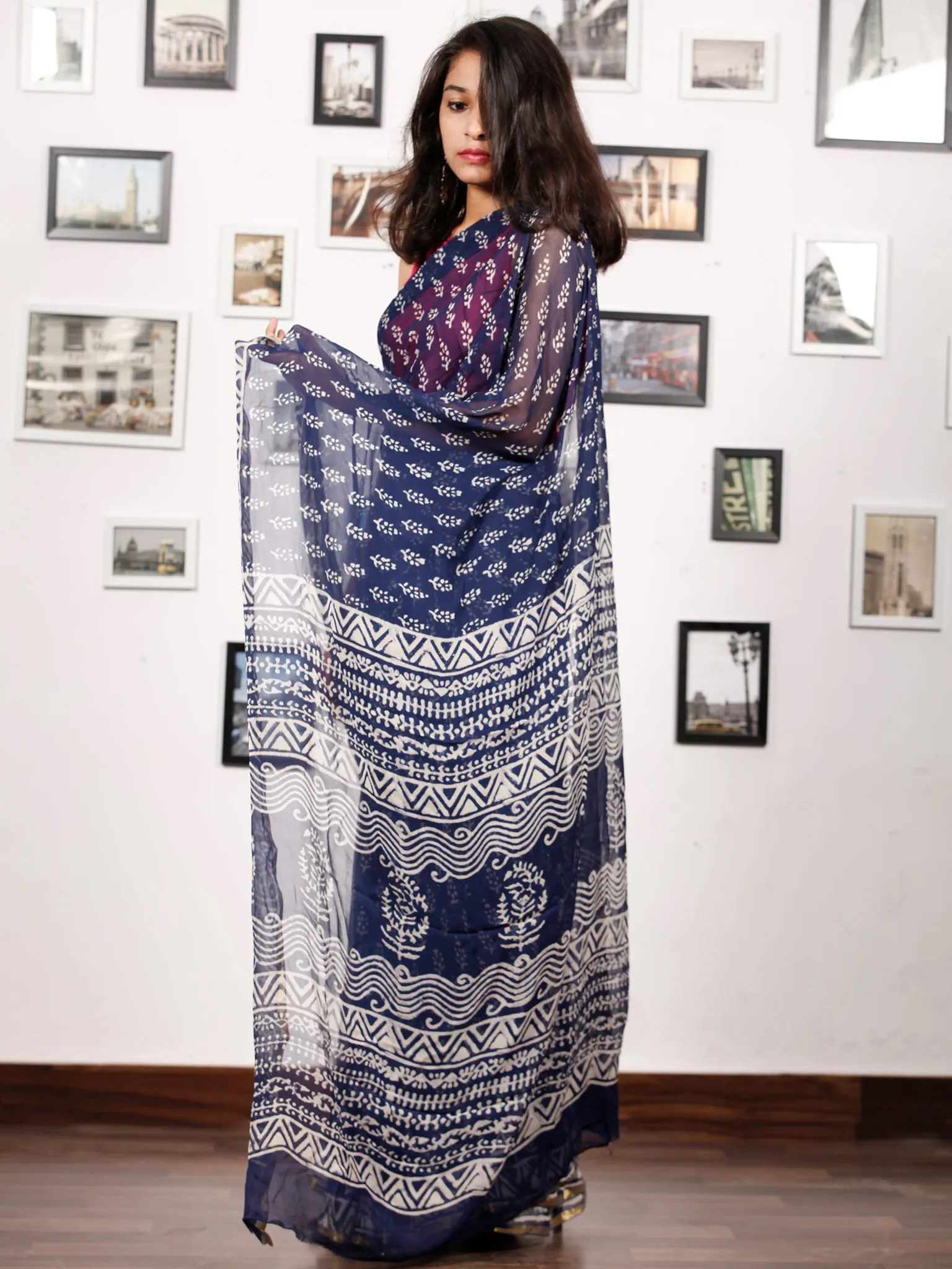 Indigo White Hand Block Printed Chiffon Saree with Zari Border - S031703158