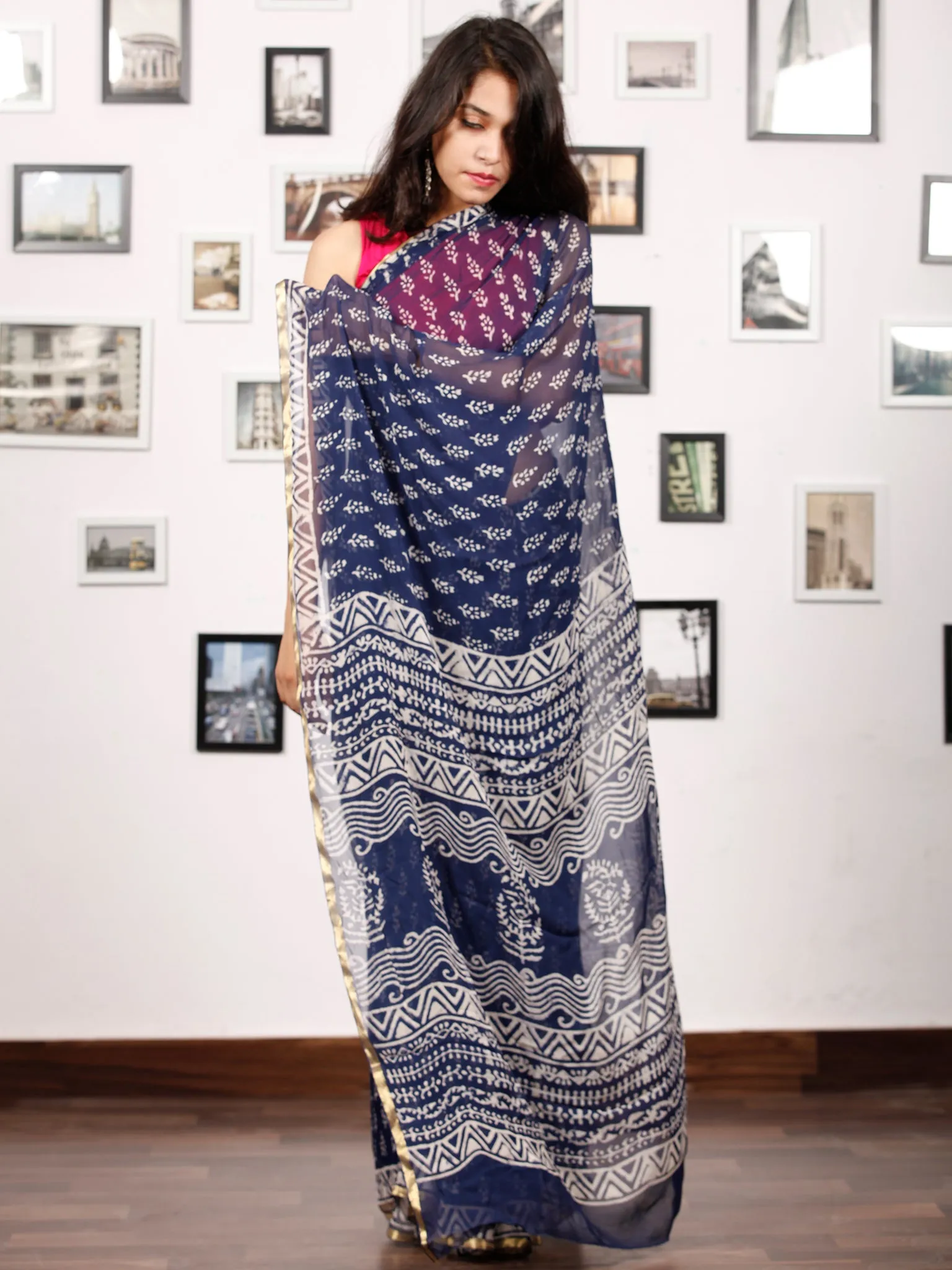 Indigo White Hand Block Printed Chiffon Saree with Zari Border - S031703158