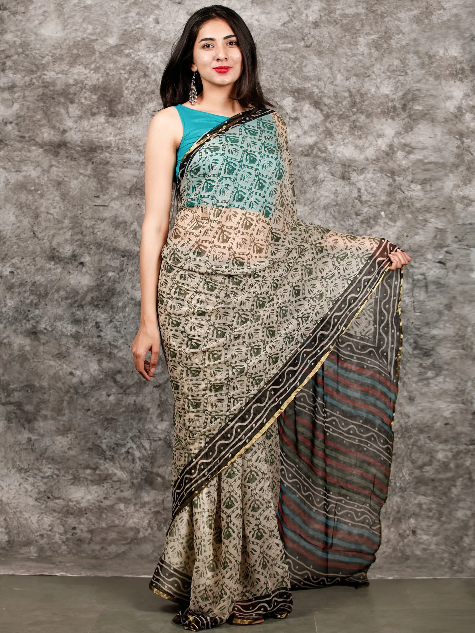Ivory Black Green Hand Block Printed Chiffon Saree with Zari Border - S031703221