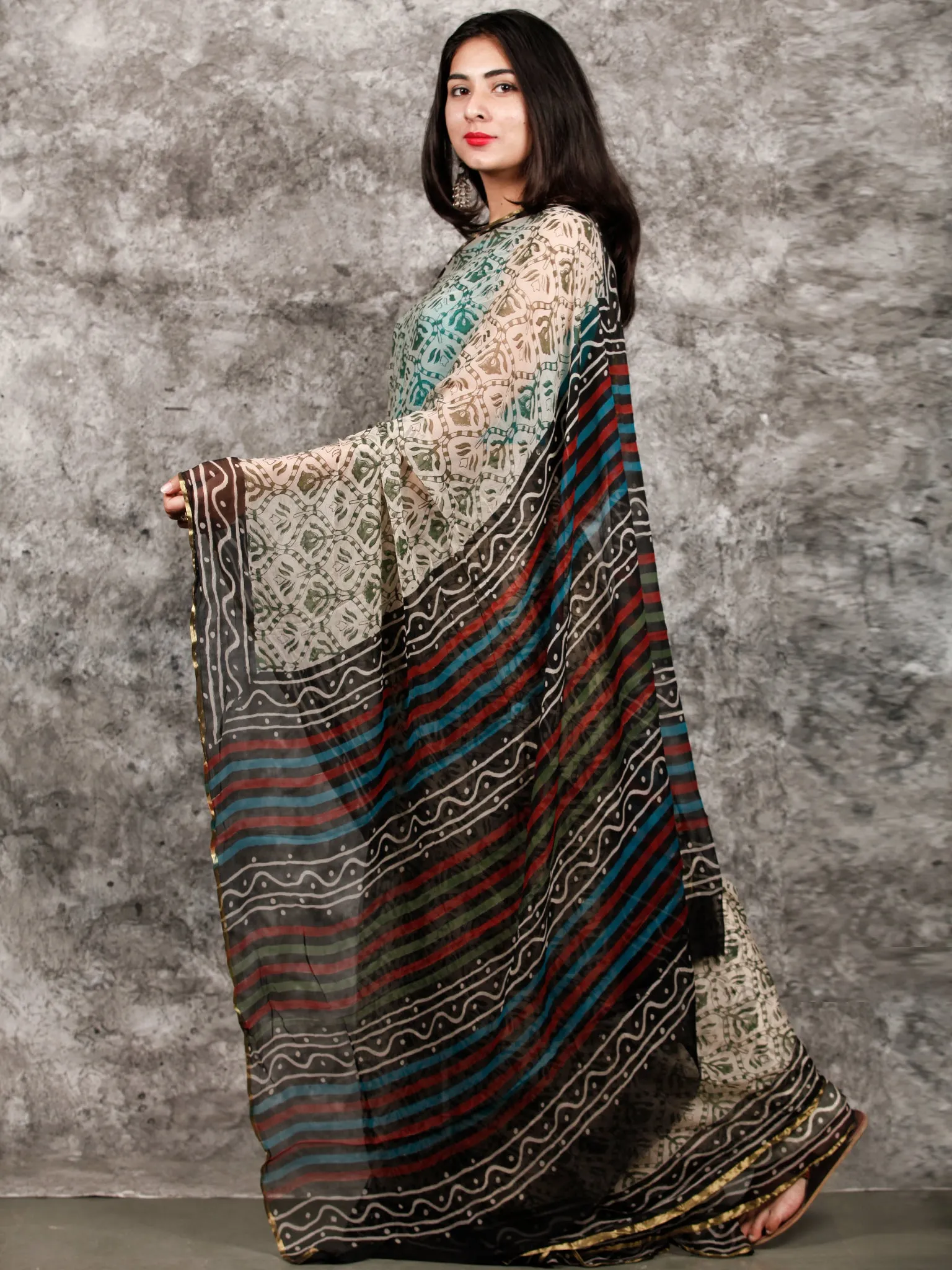 Ivory Black Green Hand Block Printed Chiffon Saree with Zari Border - S031703221