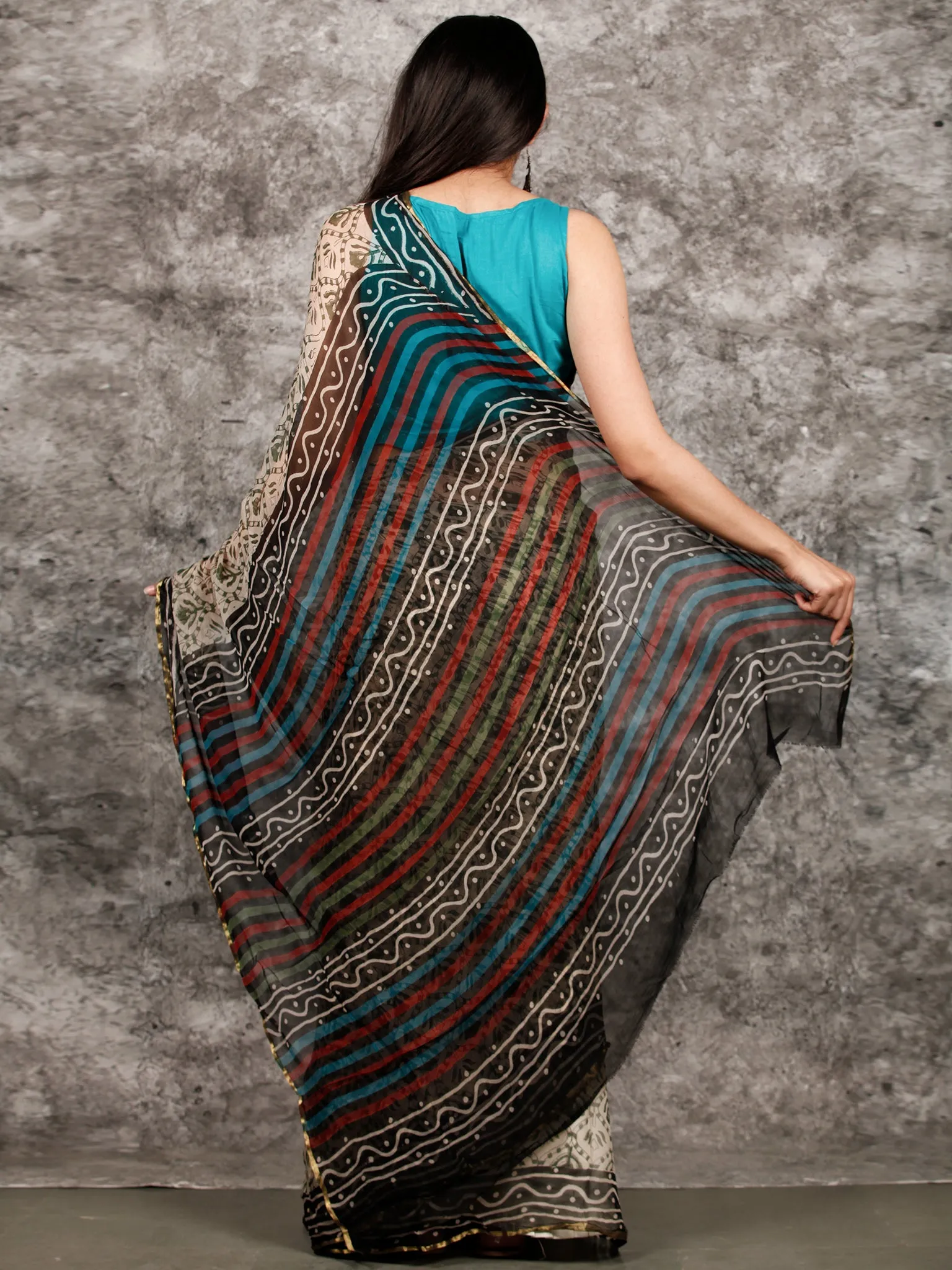 Ivory Black Green Hand Block Printed Chiffon Saree with Zari Border - S031703221