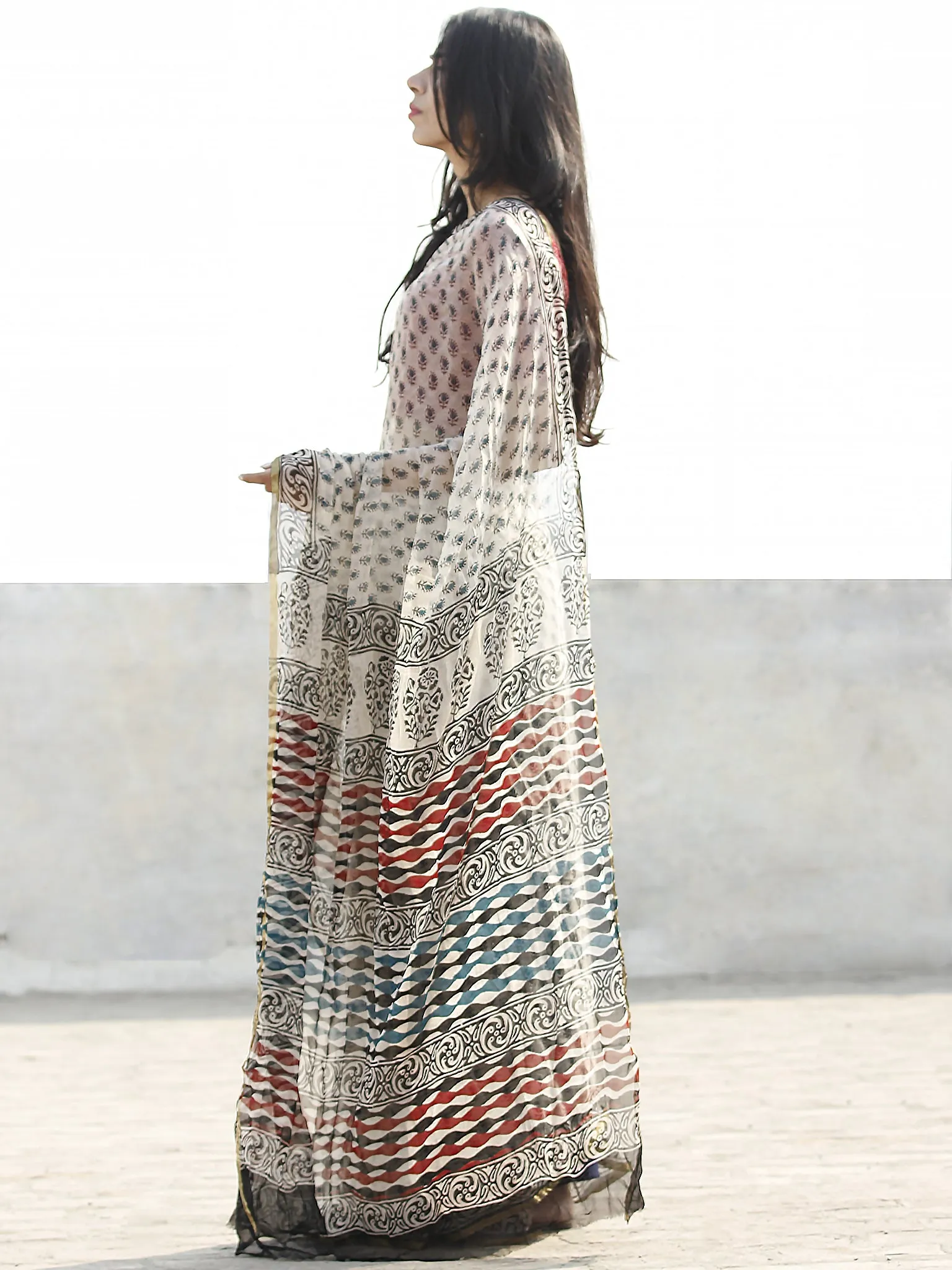 Ivory Black Hand Block Printed Chiffon Saree with zari border- S031702665