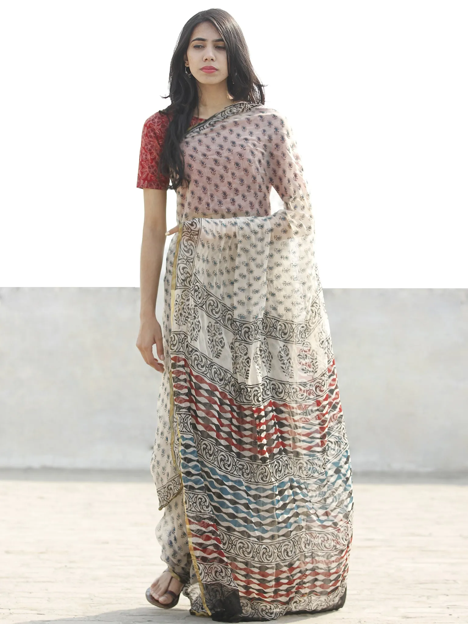 Ivory Black Hand Block Printed Chiffon Saree with zari border- S031702665