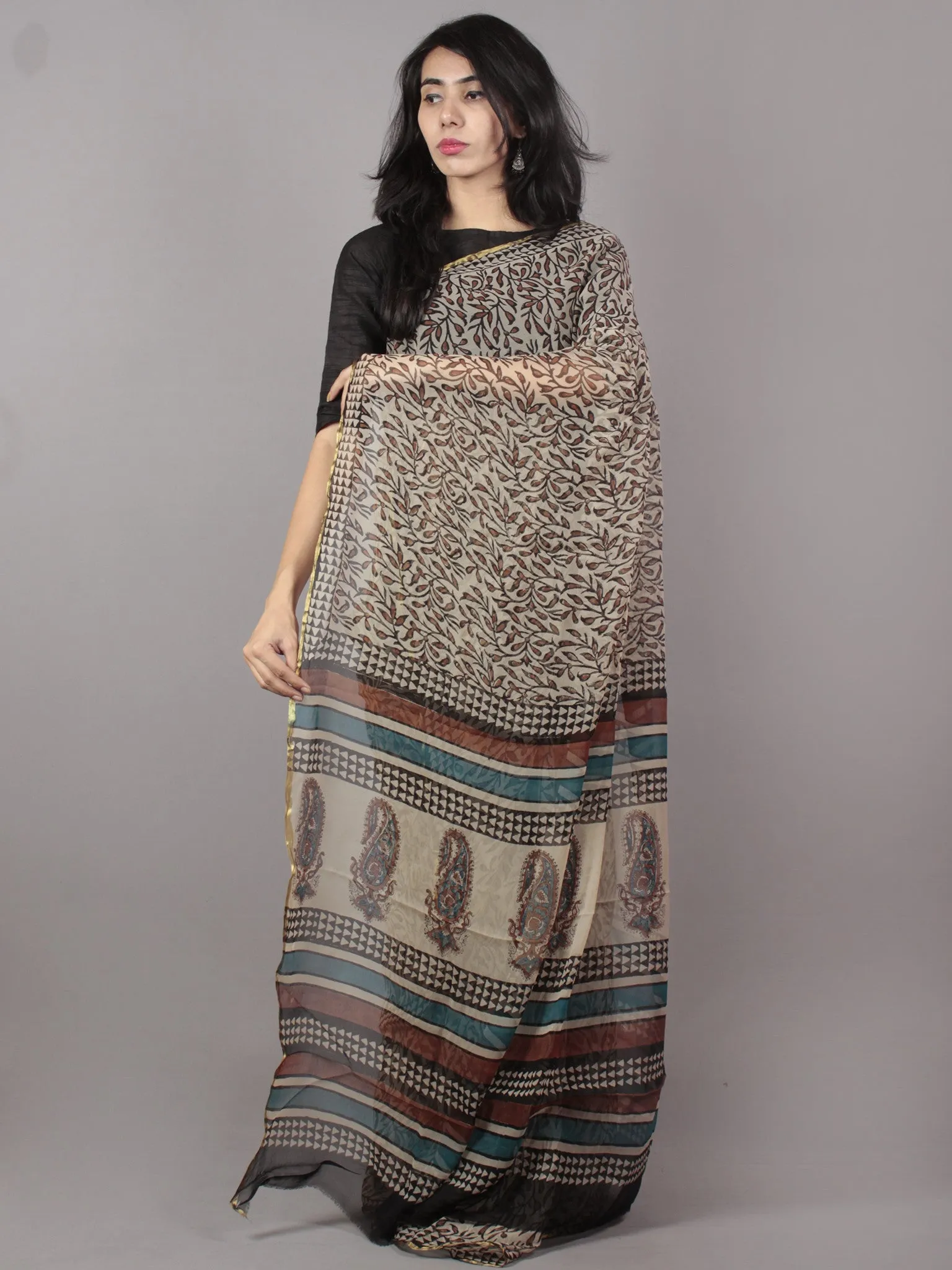 Ivory Black Scarlet Red Hand Block Printed Chiffon Saree - S031701698