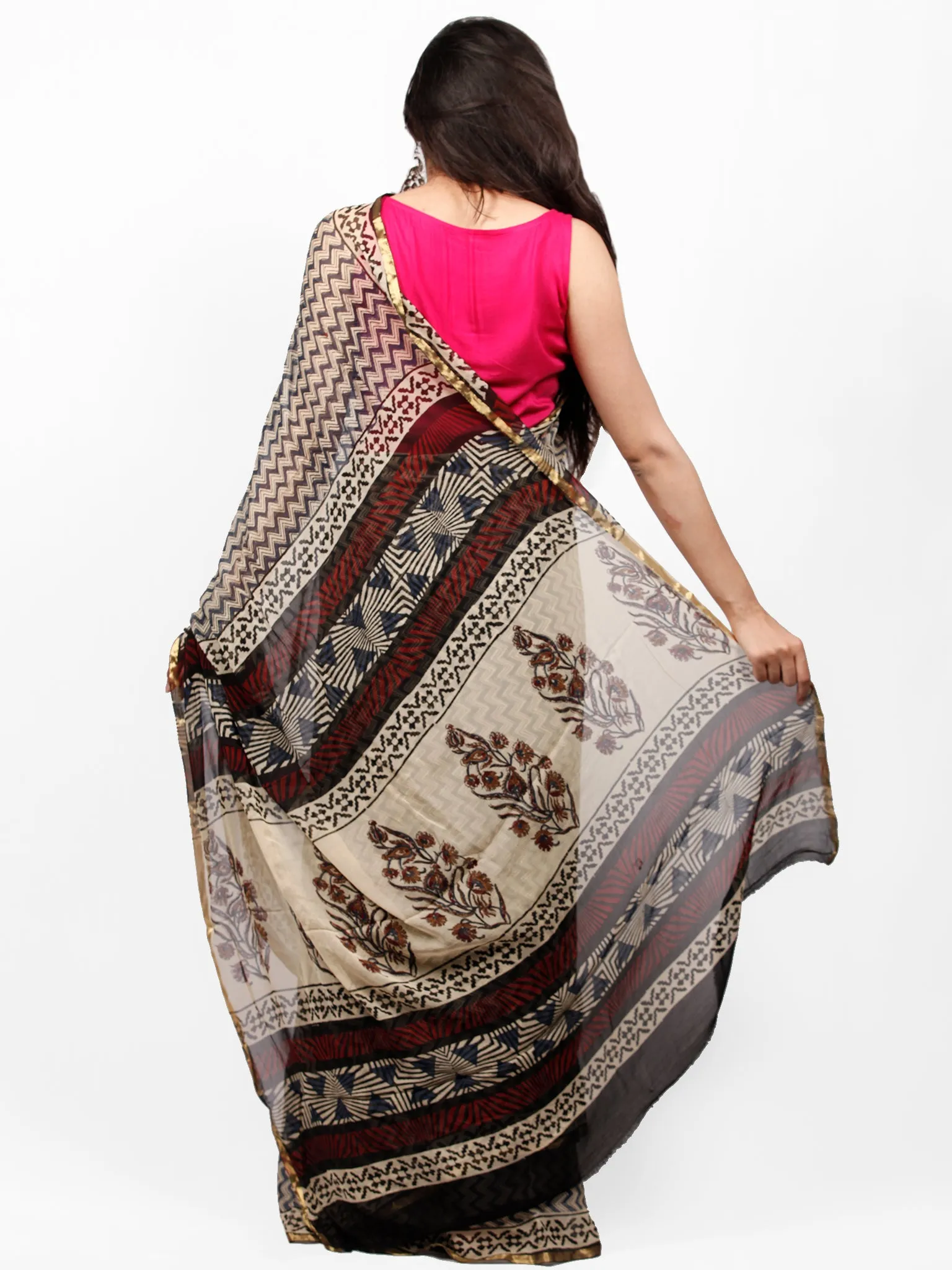 Ivory Indigo Red Black Hand Block Printed Chiffon Saree with Zari Border - S031703269