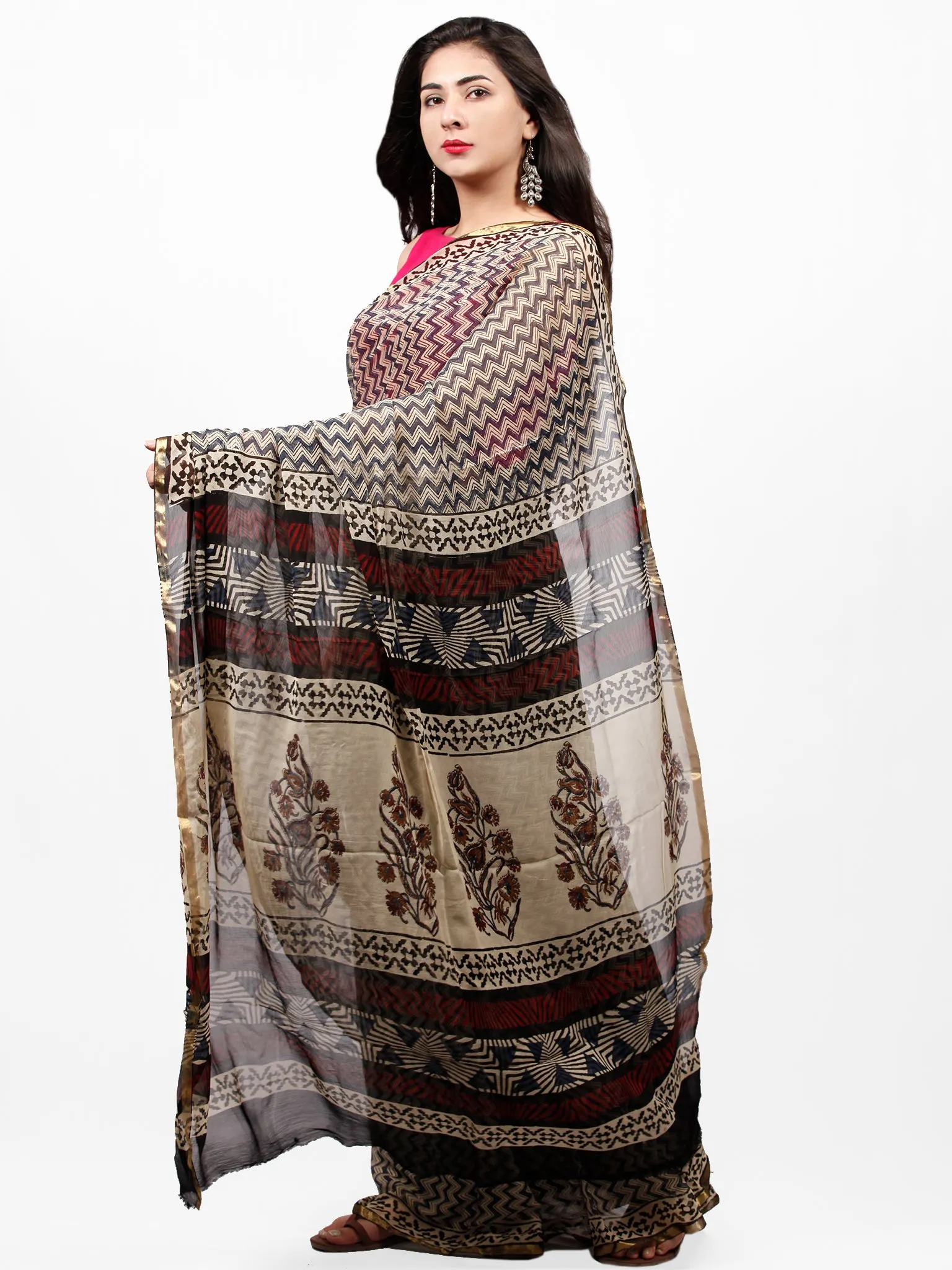 Ivory Indigo Red Black Hand Block Printed Chiffon Saree with Zari Border - S031703269