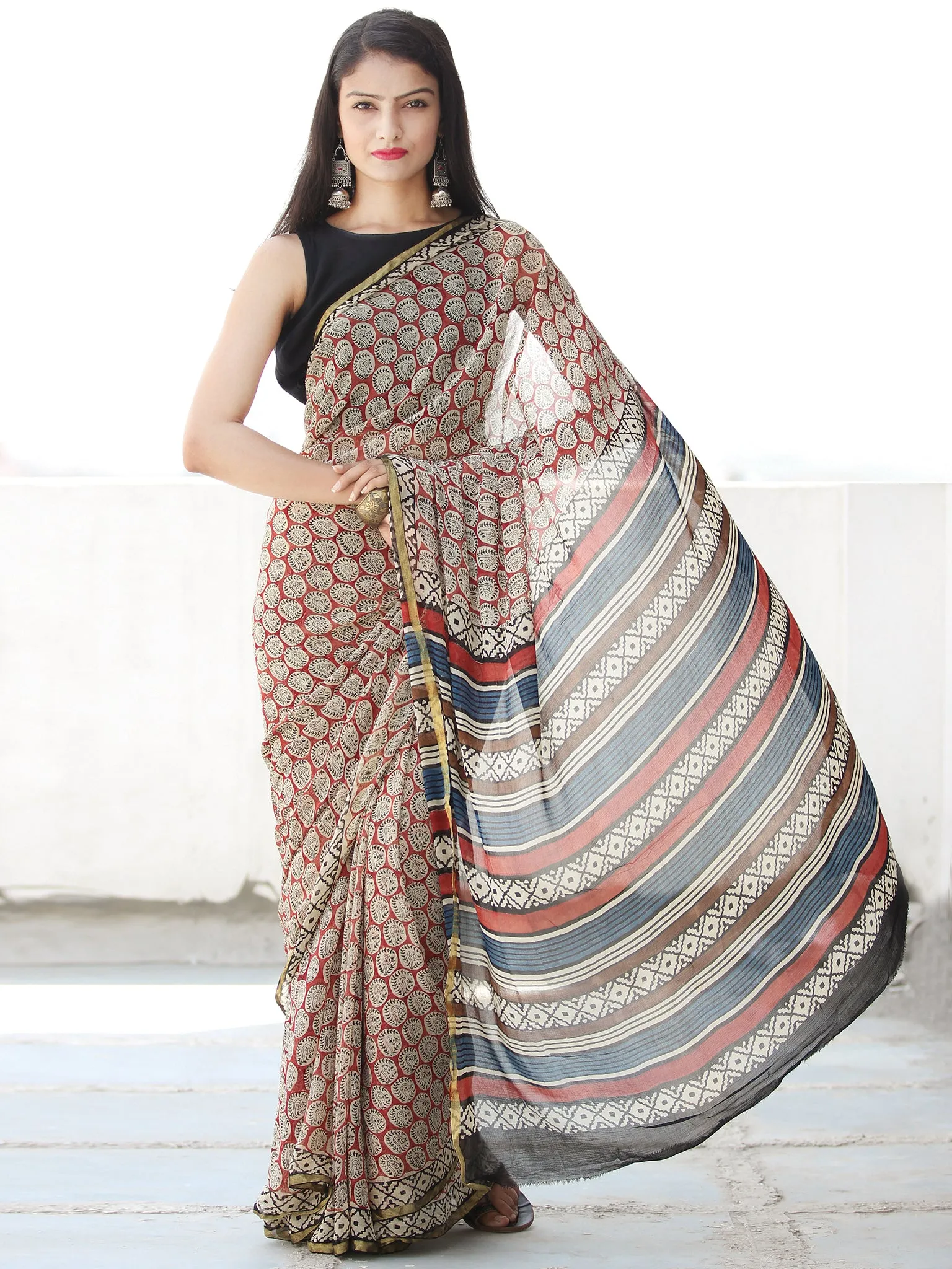 Ivory Red Blue Black Hand Block Printed Chiffon Saree with Zari Border - S031703913