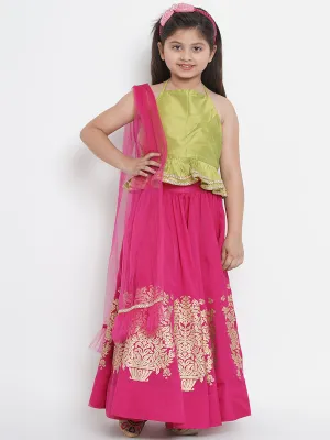 Jashvi Girls Green & Fuchsia Solid Ready To Wear Lehenga & Blouse With Dupatta