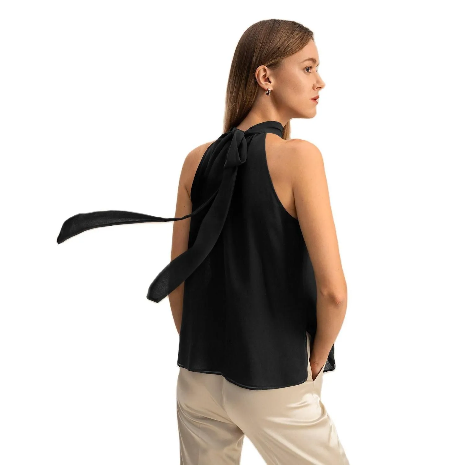 LILYSILK Lilysilk Women's Silk Halter Neck Top with Georgette Straps black
